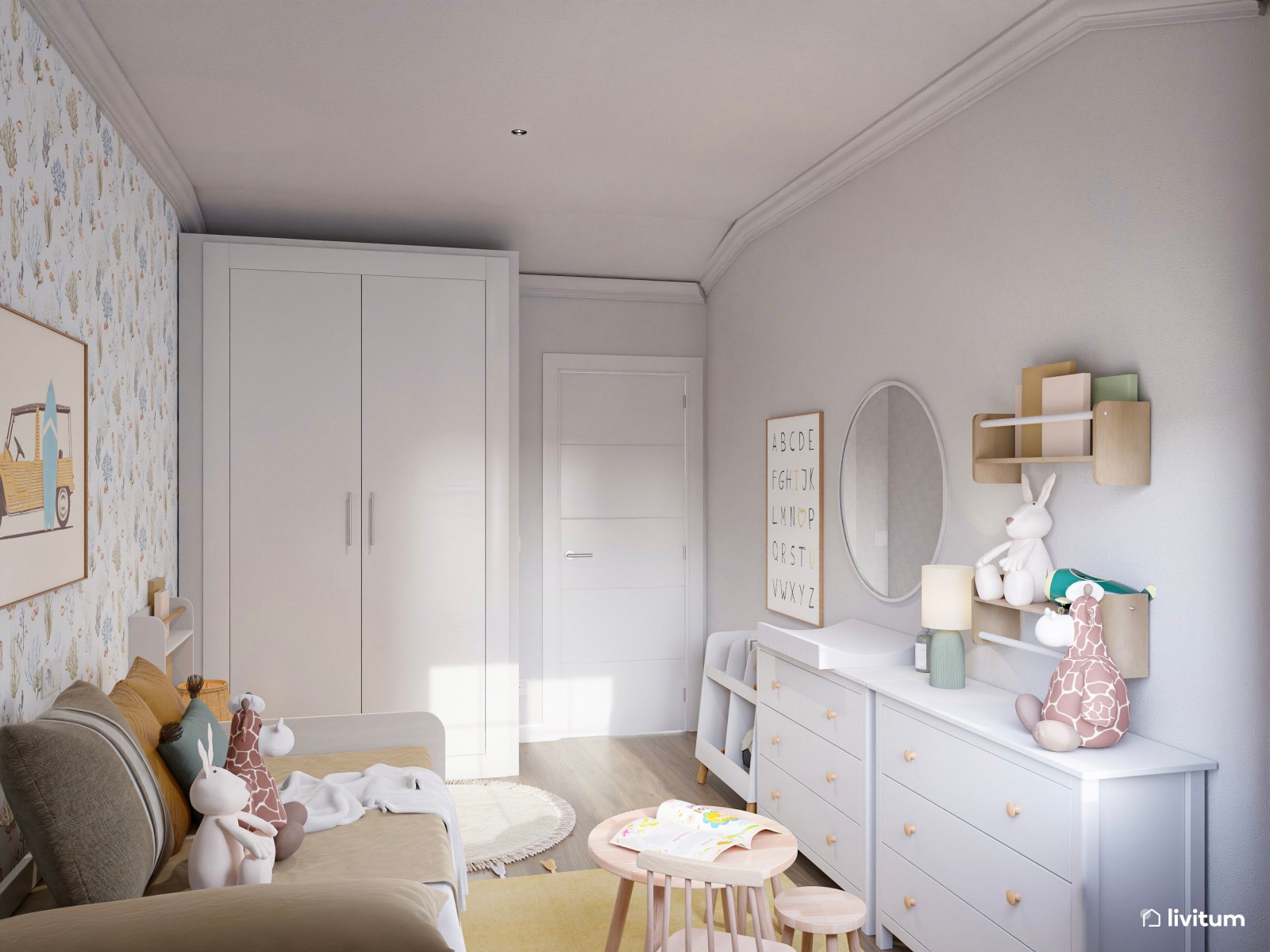 Dormitorio infantil nórdico con papel pintado y cama nido blanca