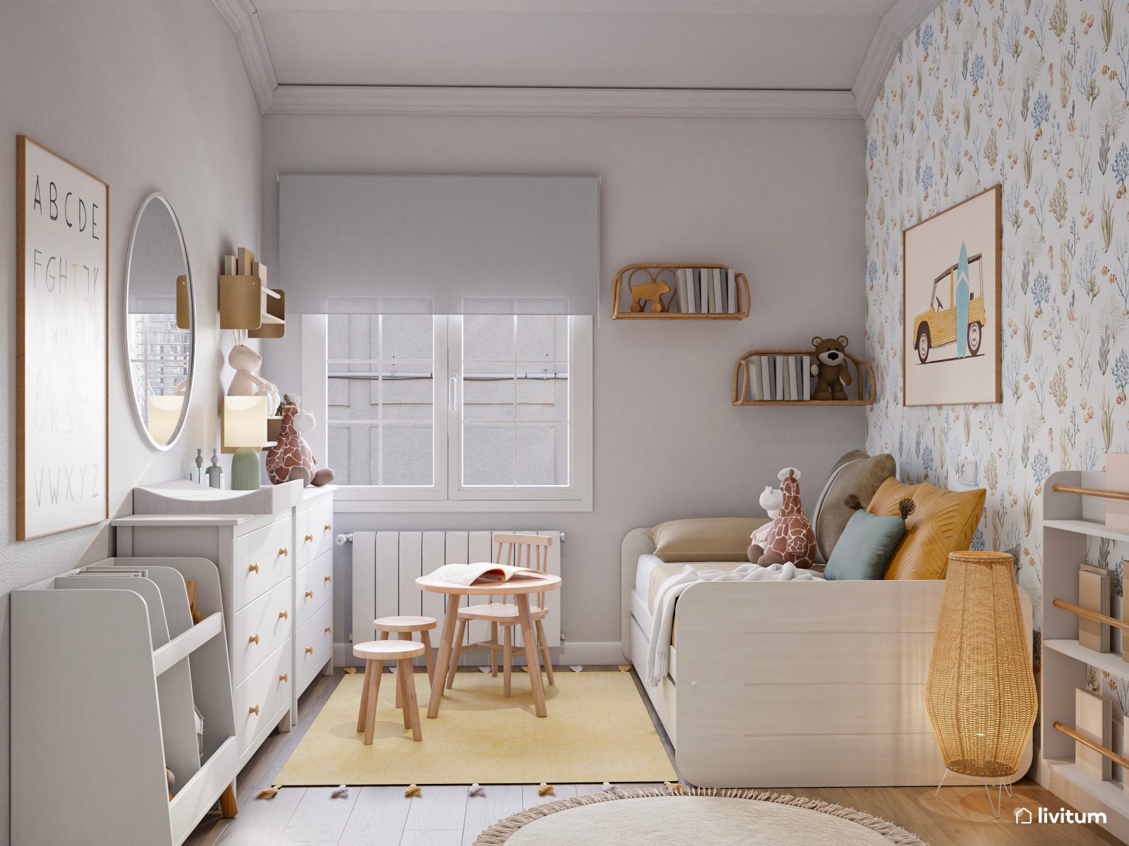 Dormitorio infantil nórdico con papel pintado y cama nido blanca