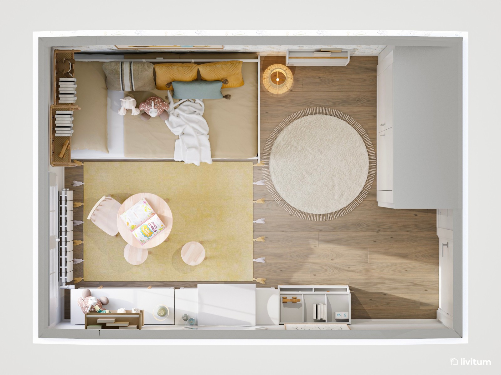 Dormitorio infantil nórdico con papel pintado y cama nido blanca