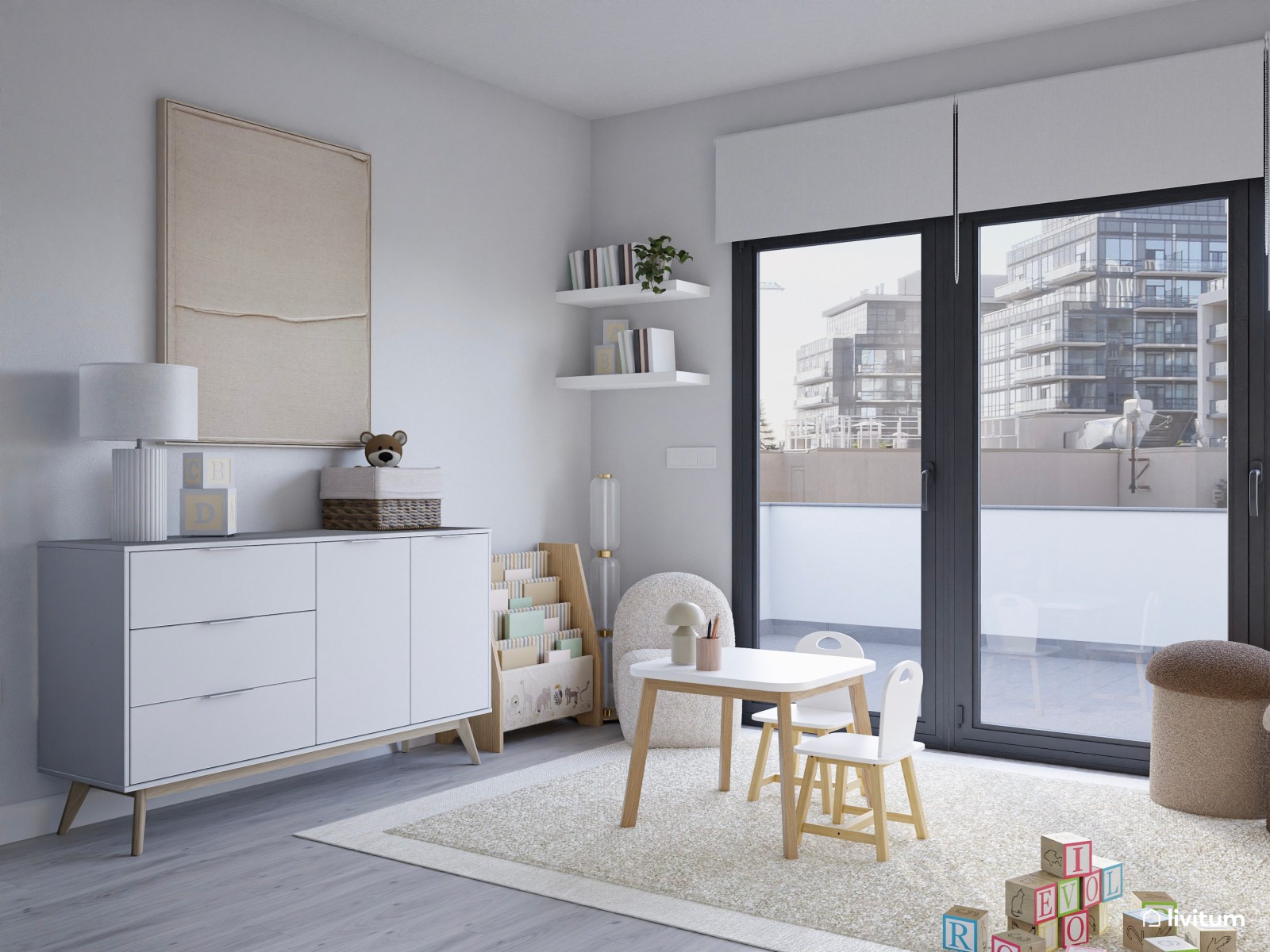 Dormitorio infantil nórdico en blanco con litera en forma de casita