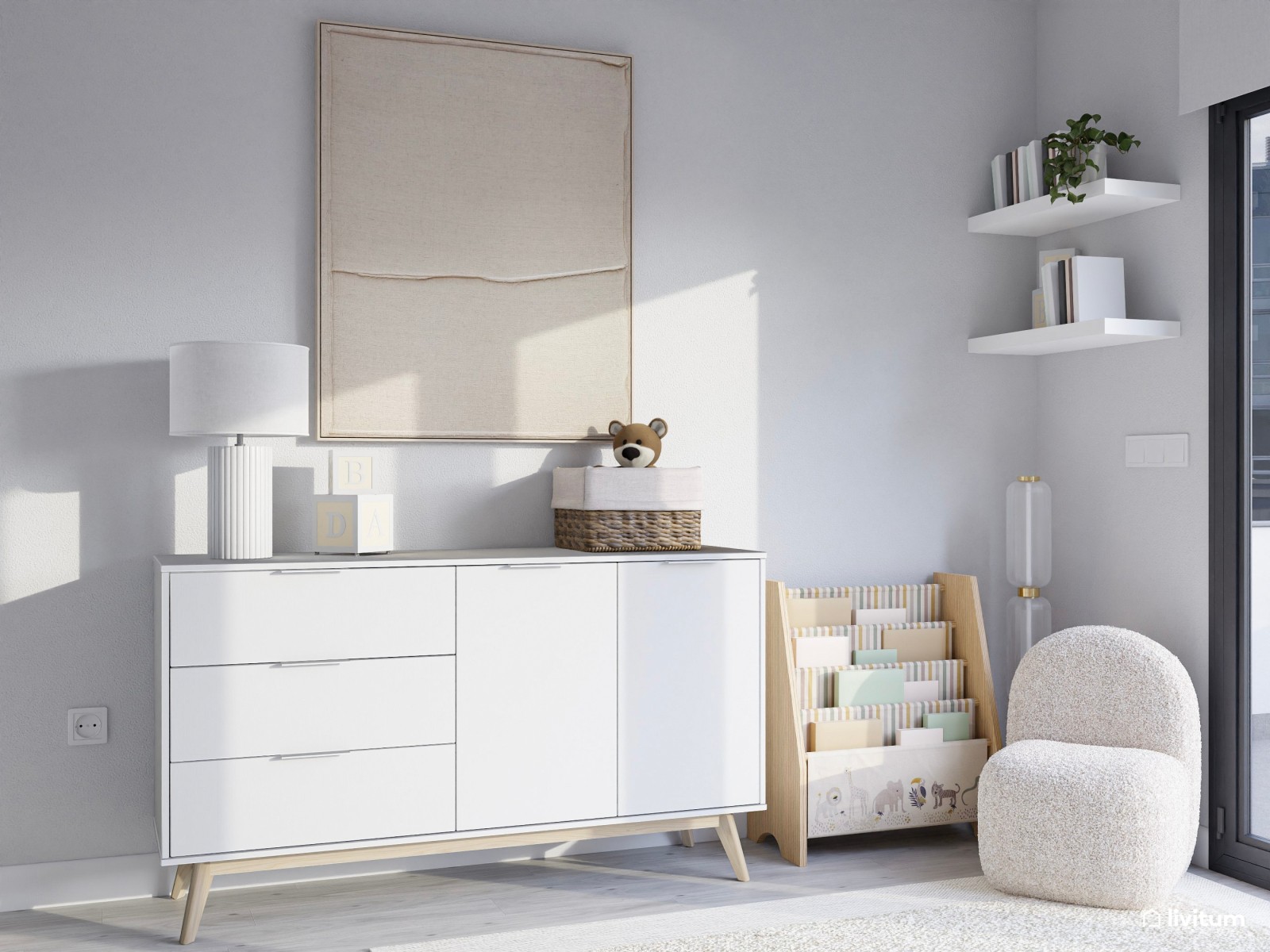 Dormitorio infantil nórdico en blanco con litera en forma de casita