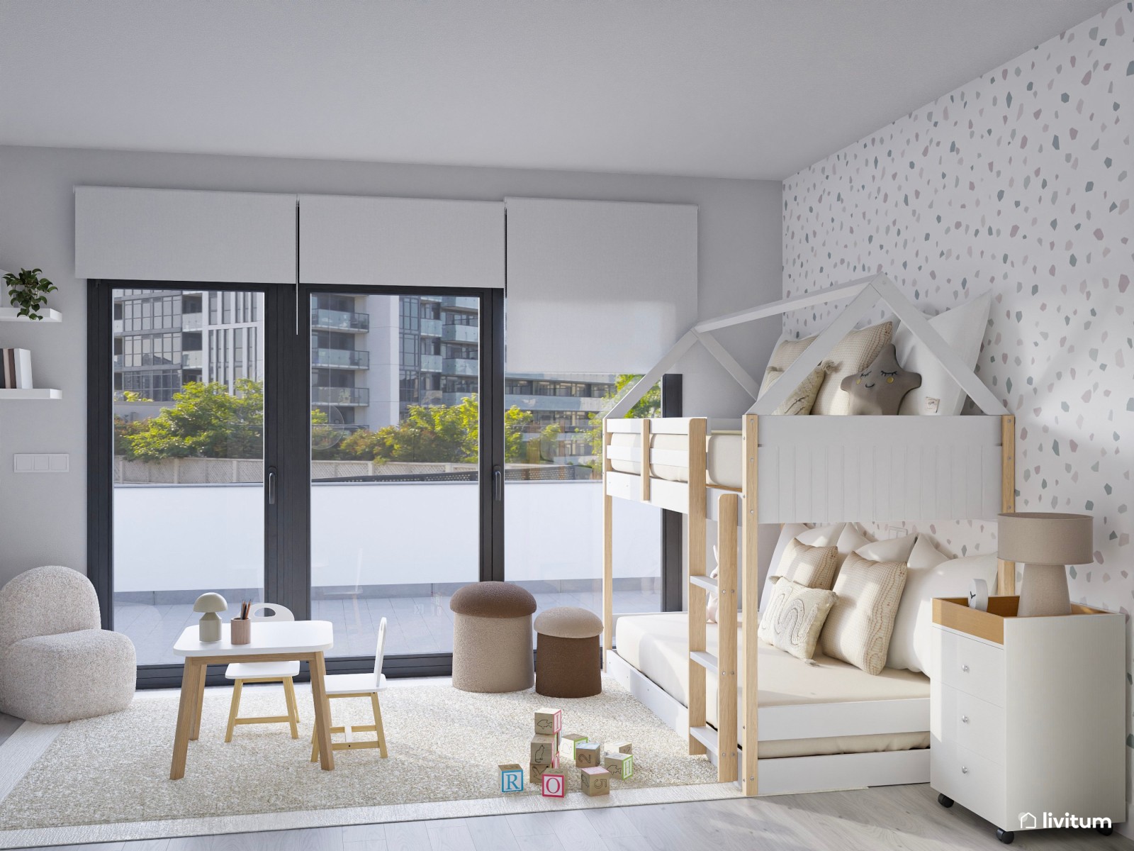 Dormitorio infantil nórdico en blanco con litera en forma de casita