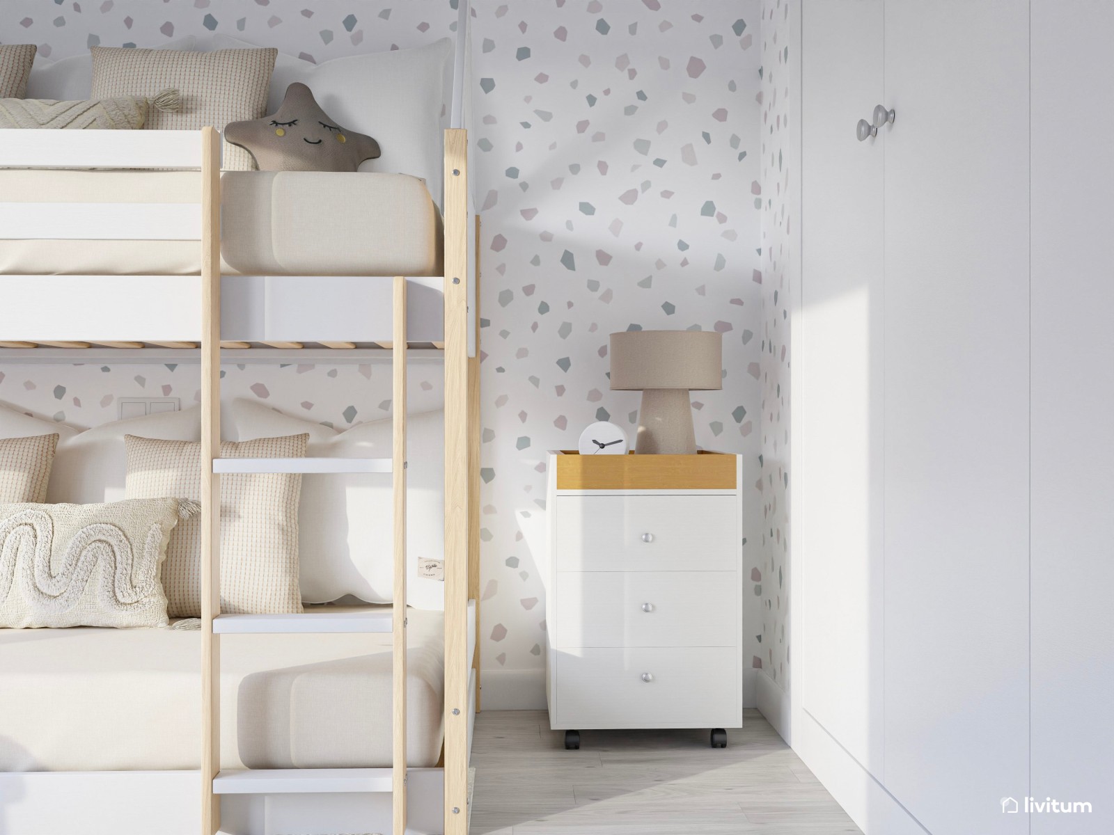 Dormitorio infantil nórdico en blanco con litera en forma de casita