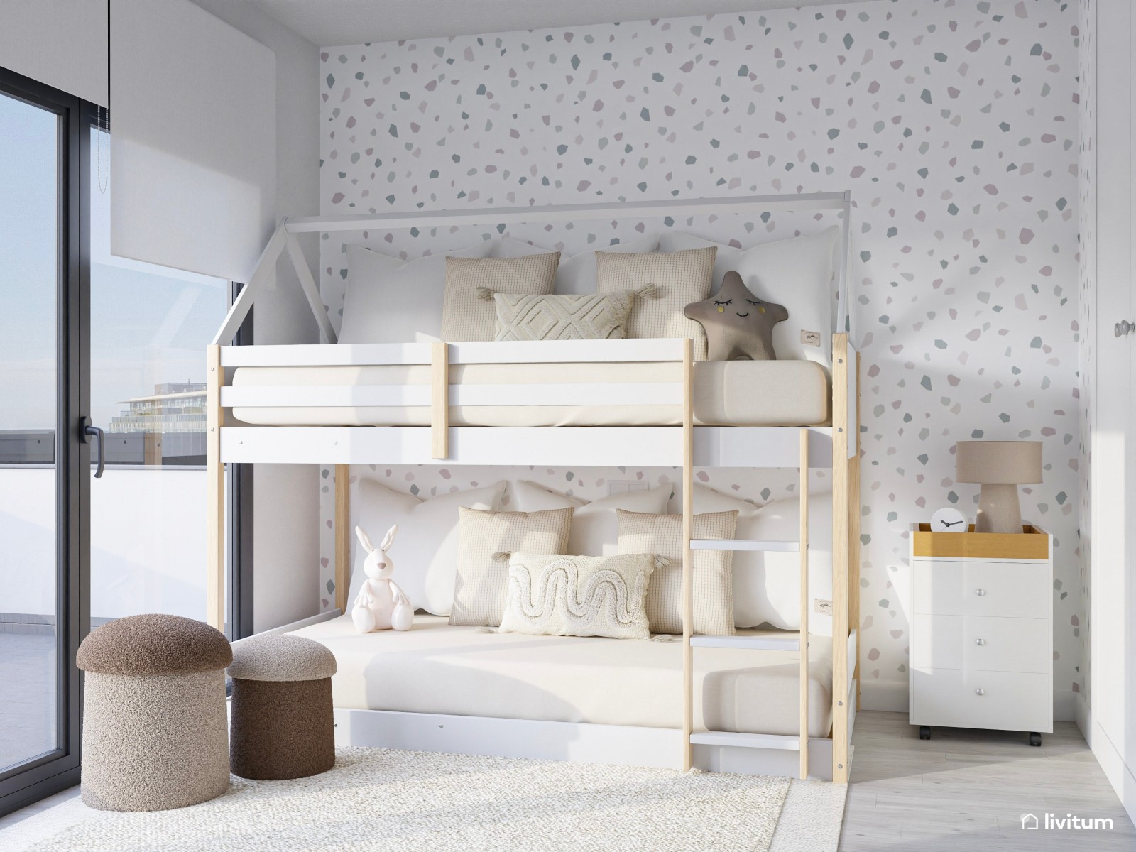 Dormitorio infantil nórdico en blanco con litera en forma de casita