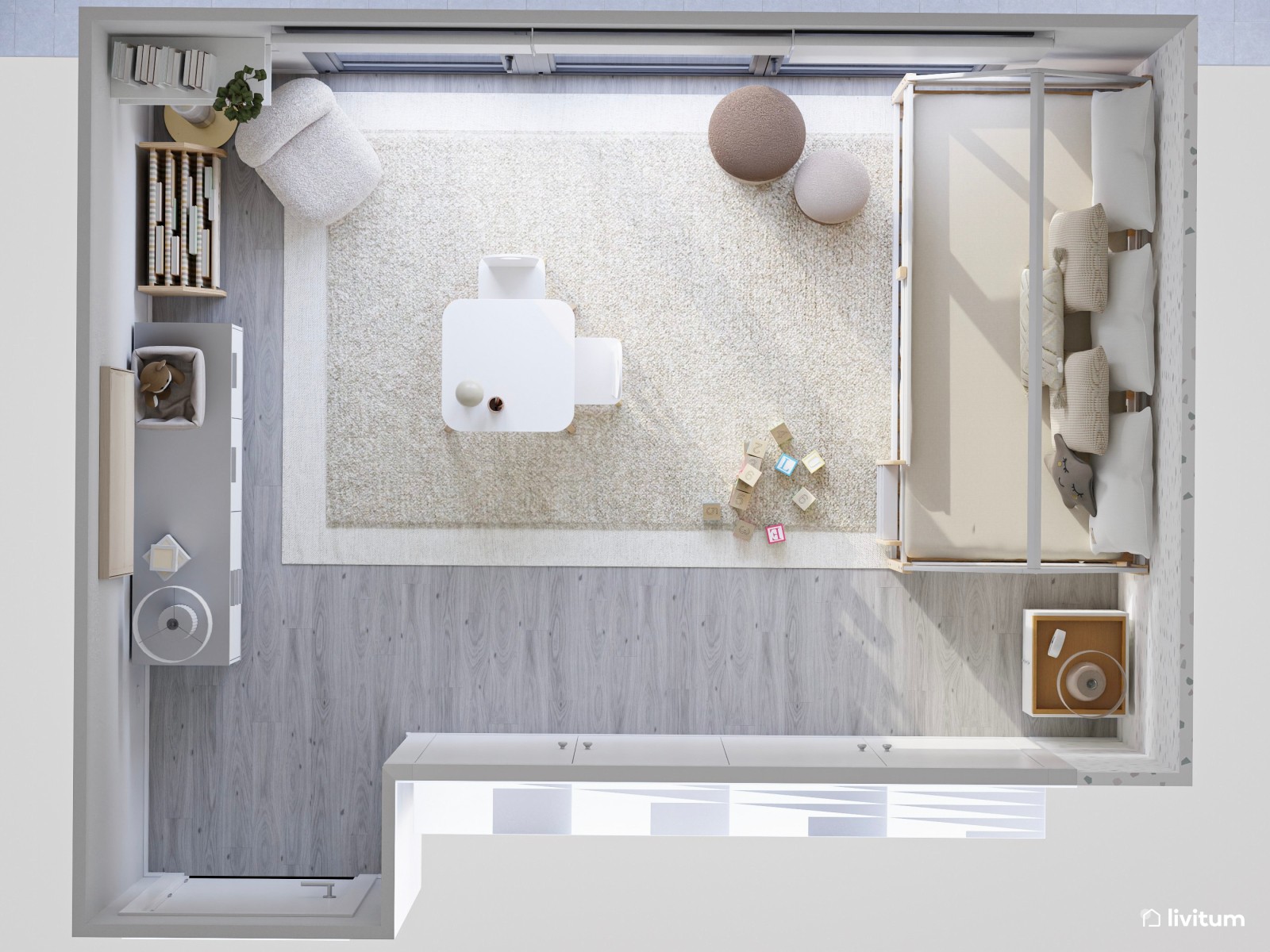 Dormitorio infantil nórdico en blanco con litera en forma de casita