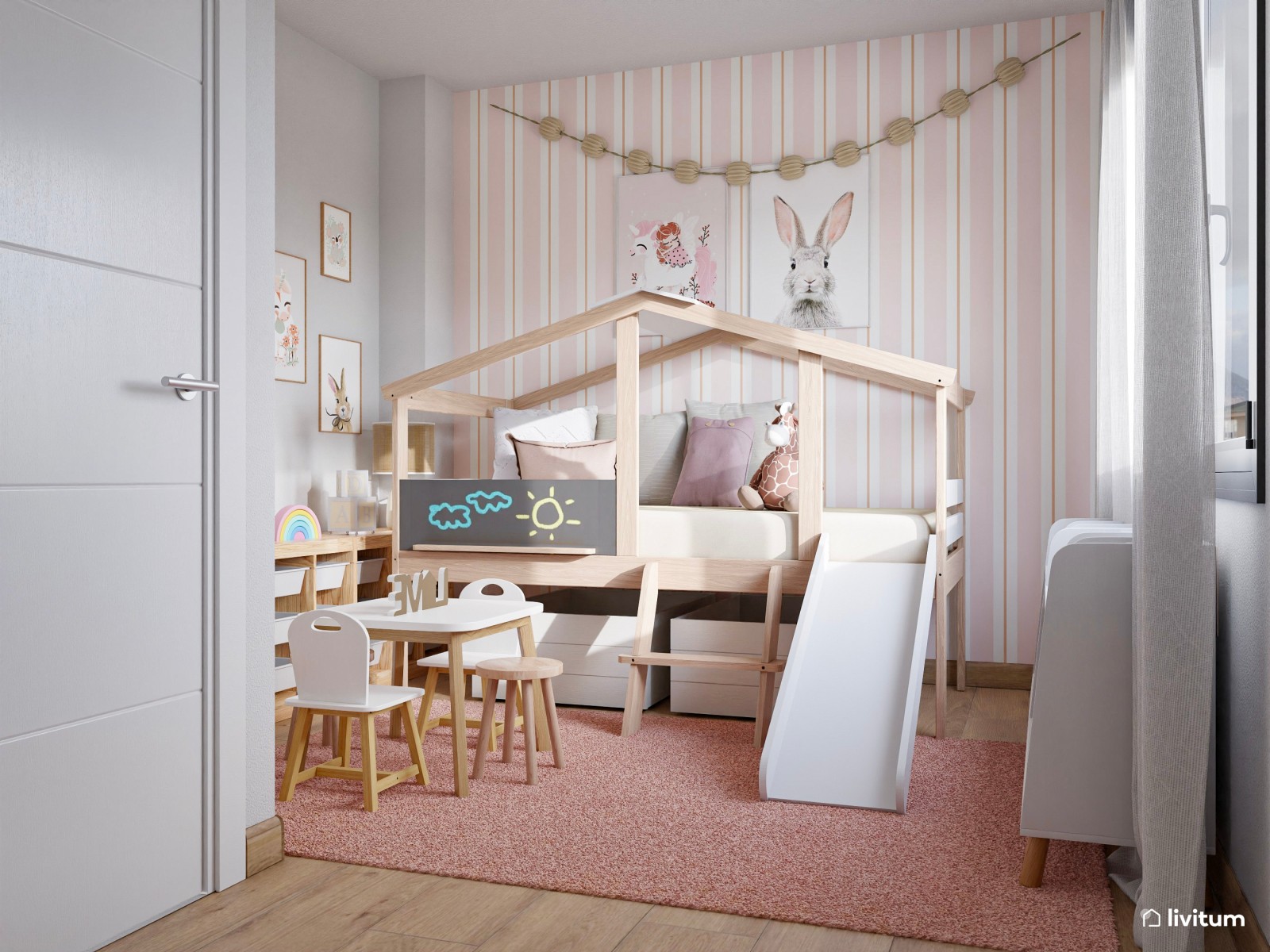 Dormitorio infantil nórdico en rosa con cama casita y rampa