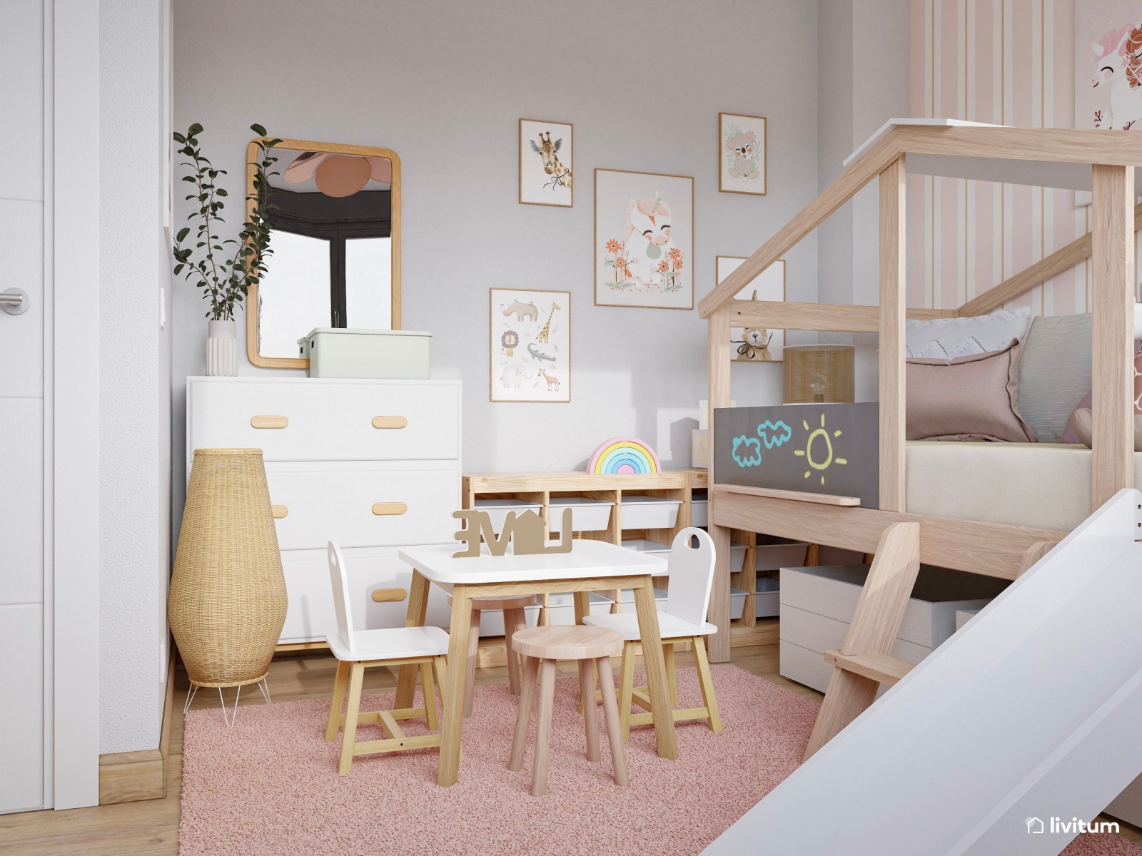 Dormitorio infantil nórdico en rosa con cama casita y rampa