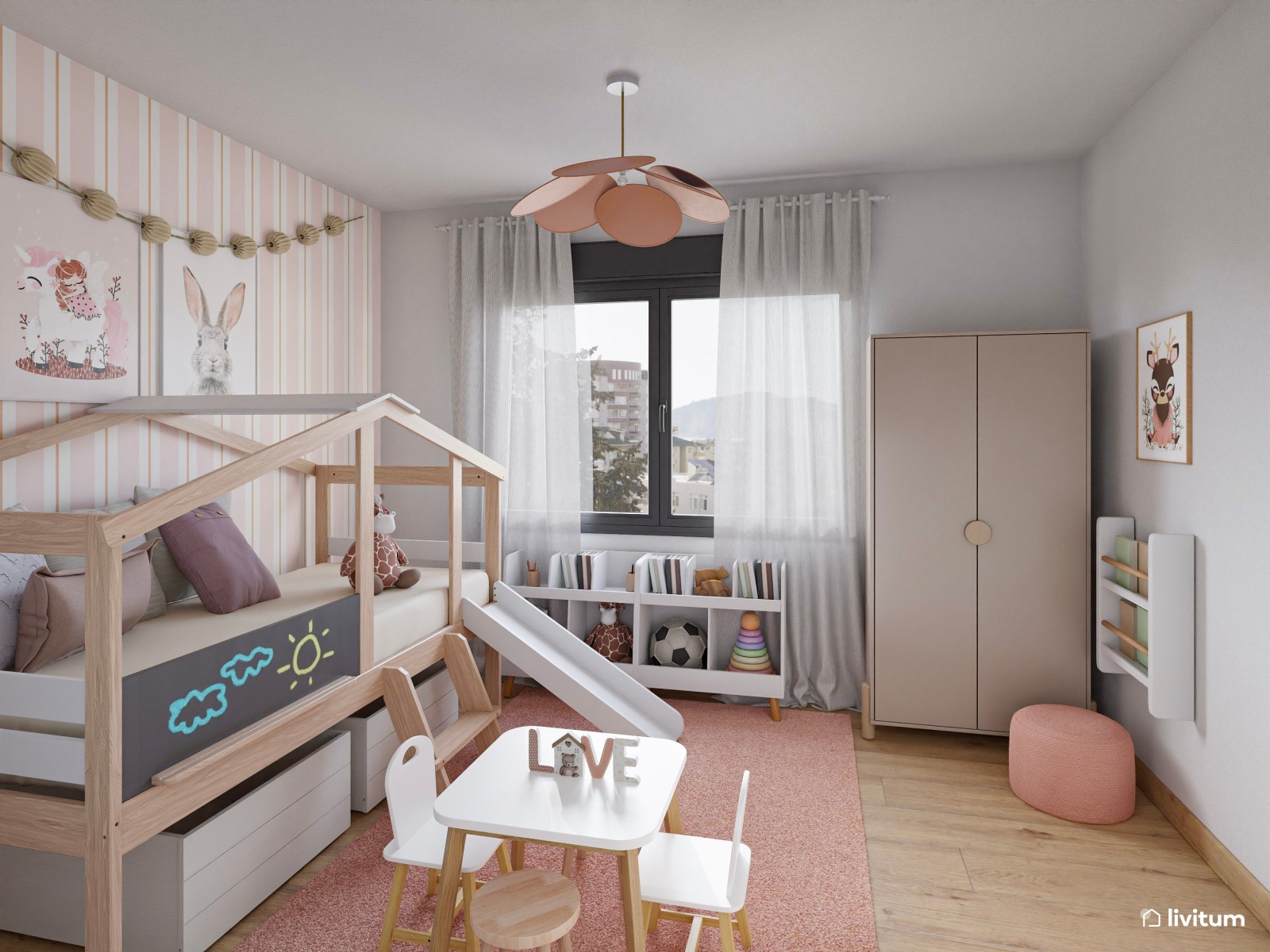 Dormitorio infantil nórdico en rosa con cama casita y rampa