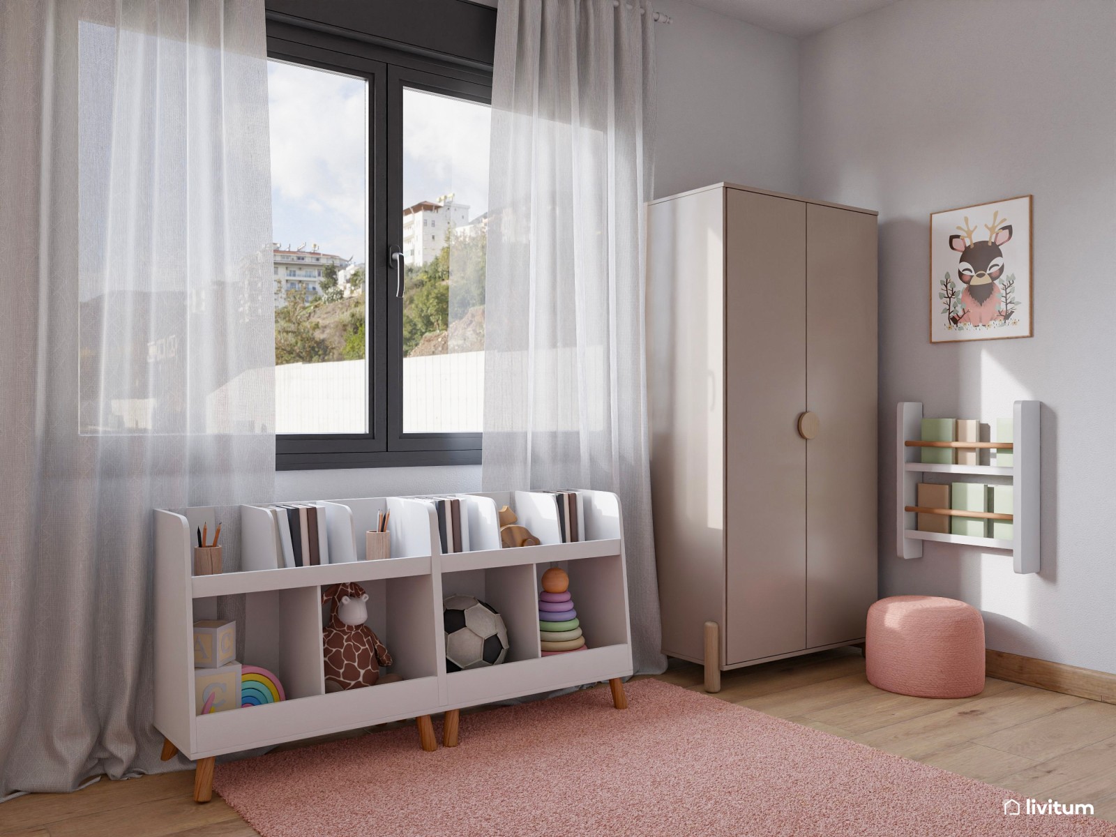 Dormitorio infantil nórdico en rosa con cama casita y rampa