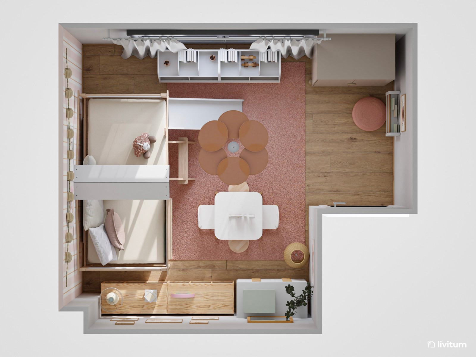 Dormitorio infantil nórdico en rosa con cama casita y rampa