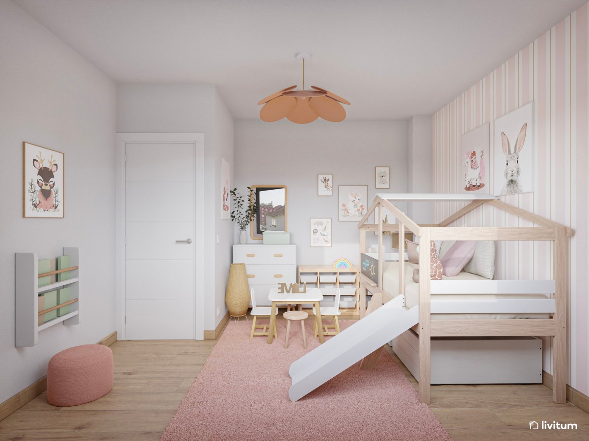 Dormitorio infantil nórdico en rosa con cama casita y rampa