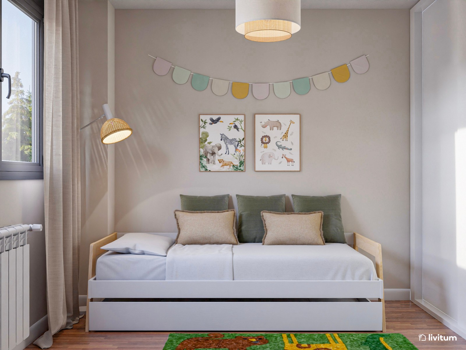 Dormitorio infantil verde con cuna y cama nido