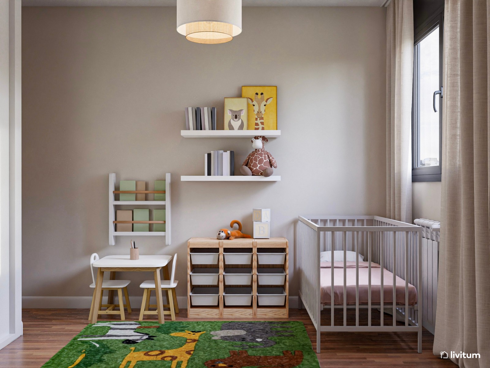 Dormitorio infantil verde con cuna y cama nido