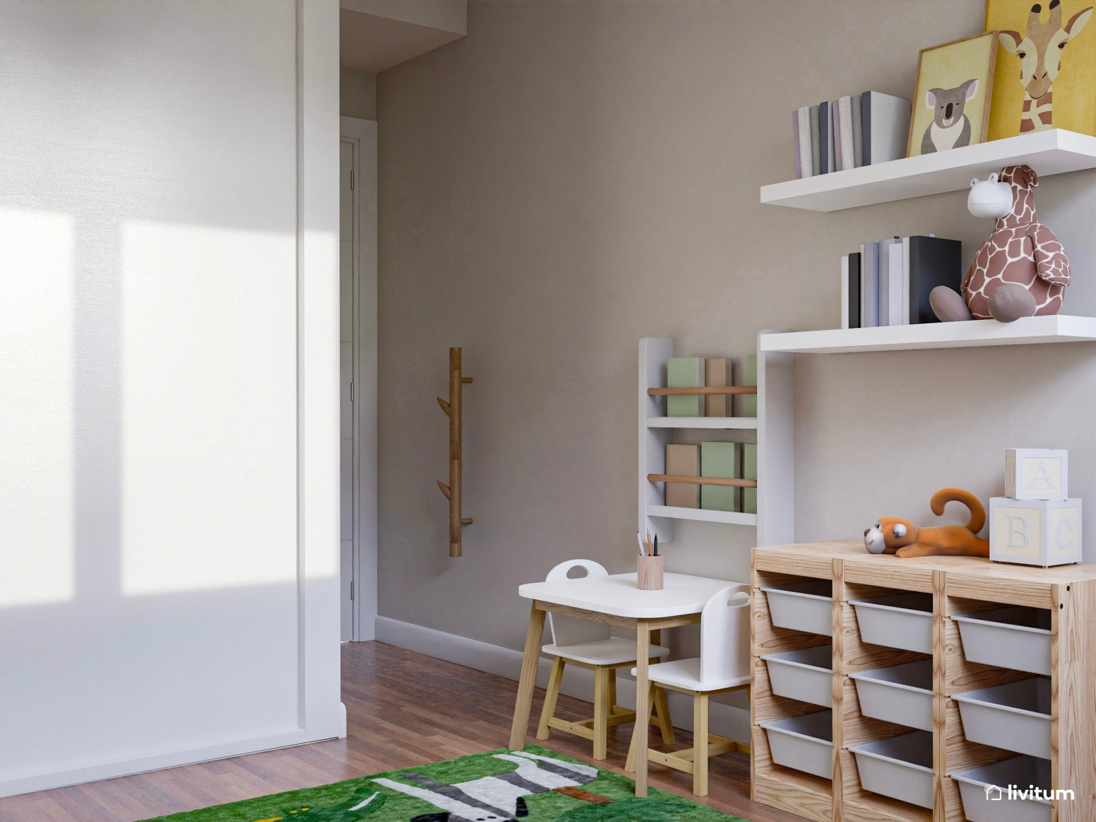 Dormitorio infantil verde con cuna y cama nido