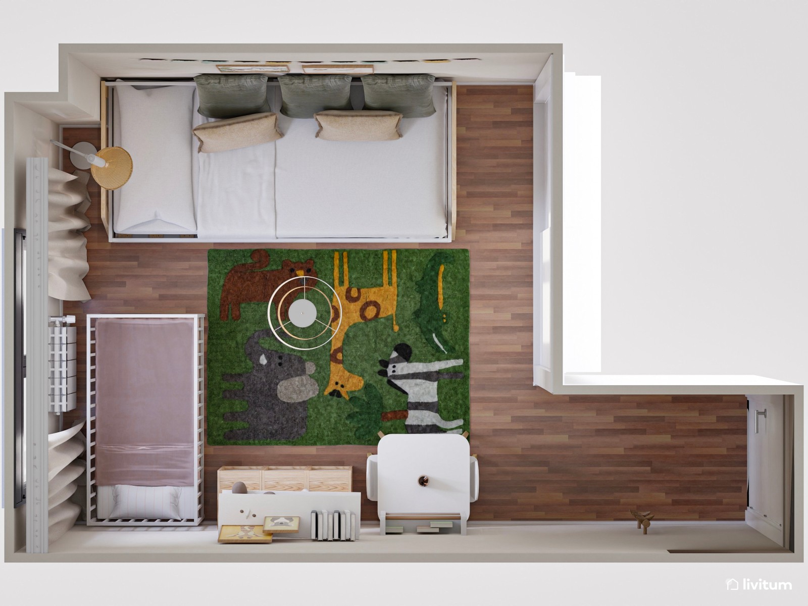 Dormitorio infantil verde con cuna y cama nido