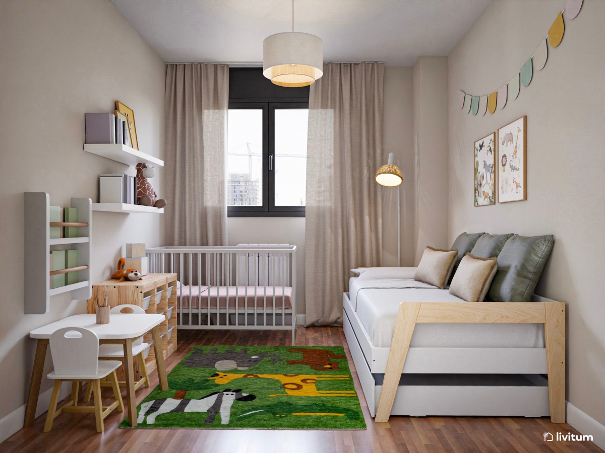 Dormitorio infantil verde con cuna y cama nido