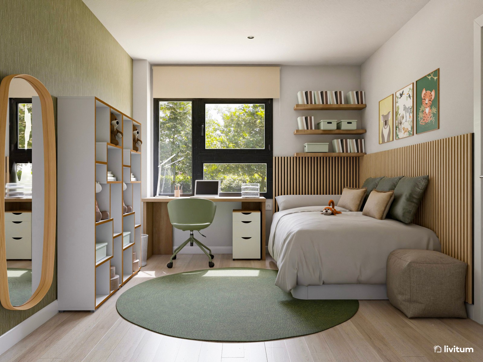 Dormitorio juvenil cómodo y fresco decorado en verde y madera