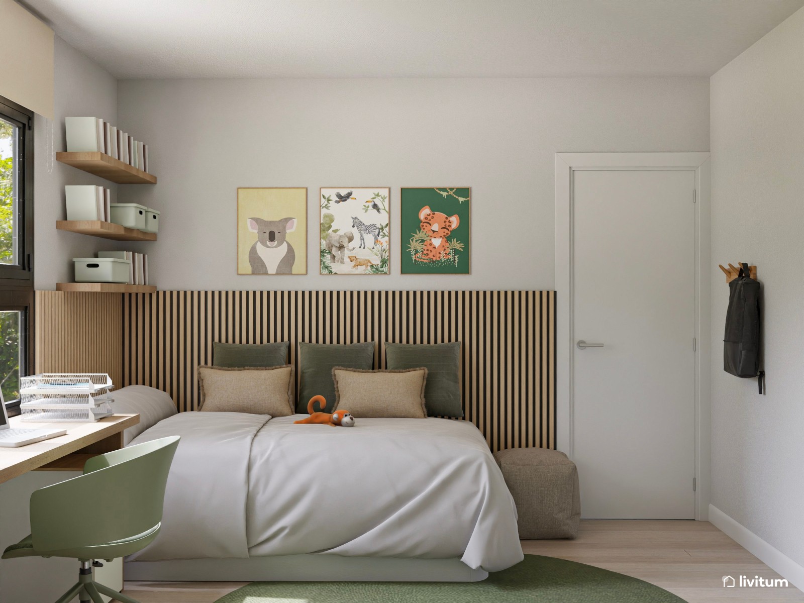 Dormitorio juvenil cómodo y fresco decorado en verde y madera