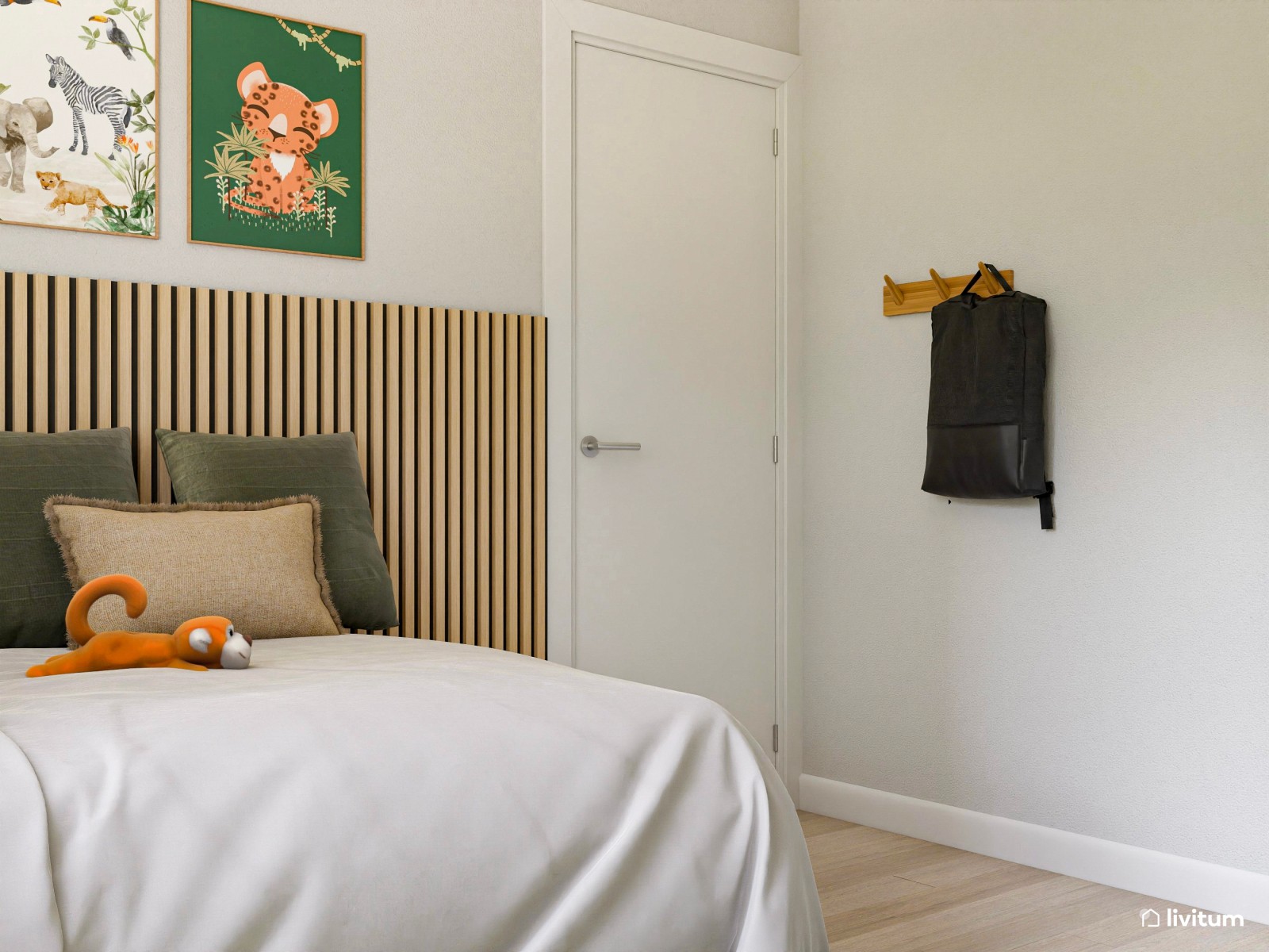 Dormitorio juvenil cómodo y fresco decorado en verde y madera