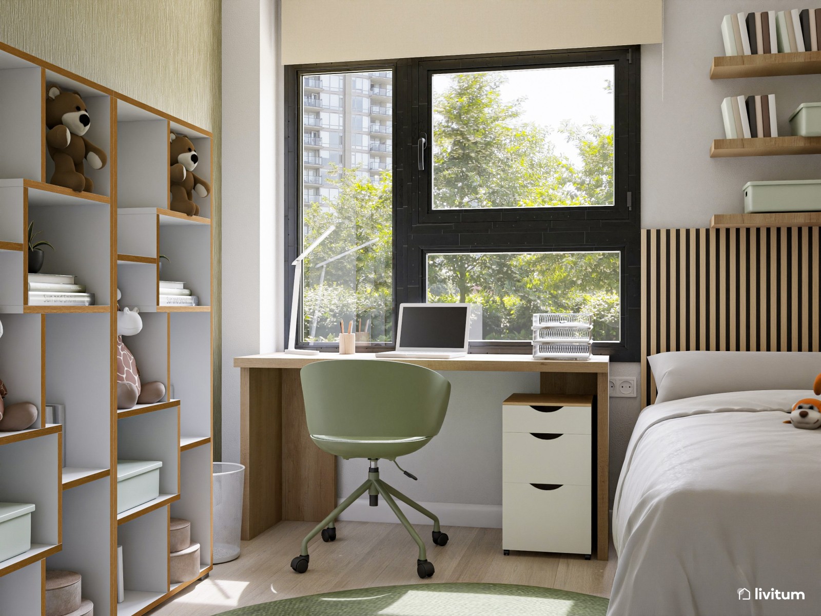 Dormitorio juvenil cómodo y fresco decorado en verde y madera