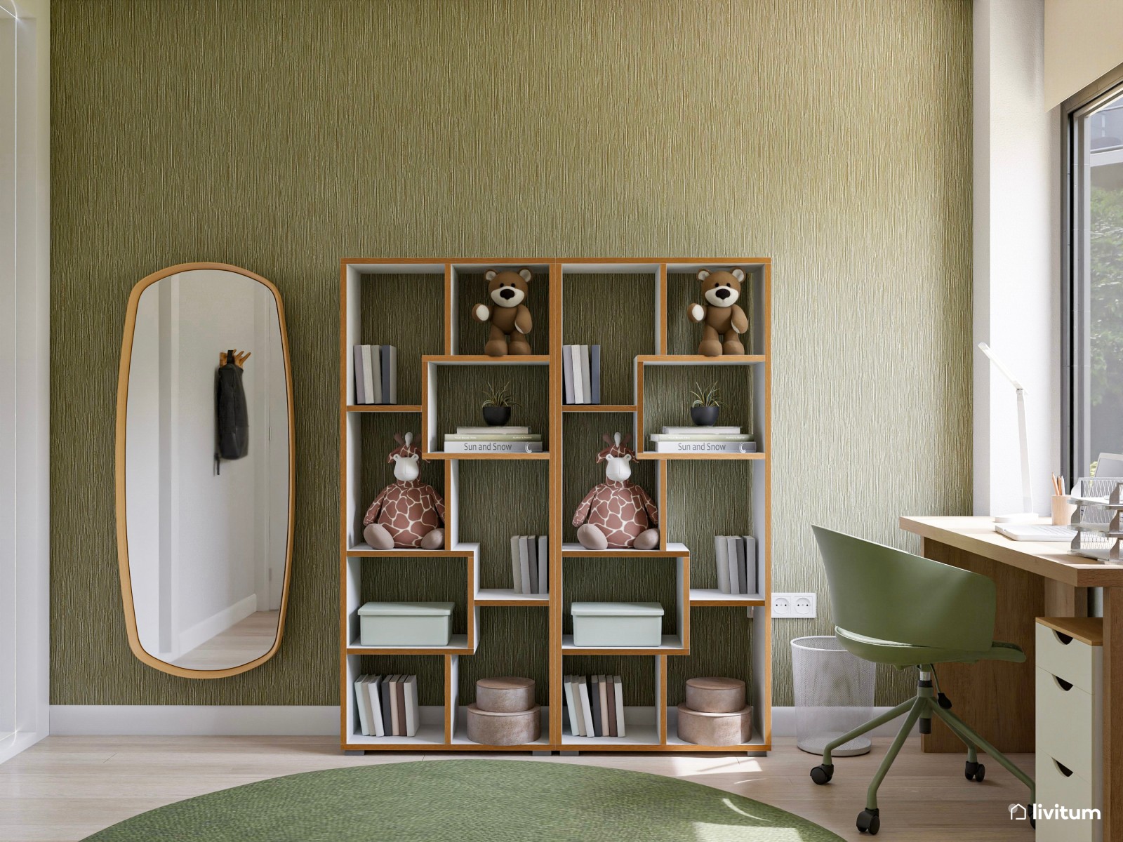 Dormitorio juvenil cómodo y fresco decorado en verde y madera