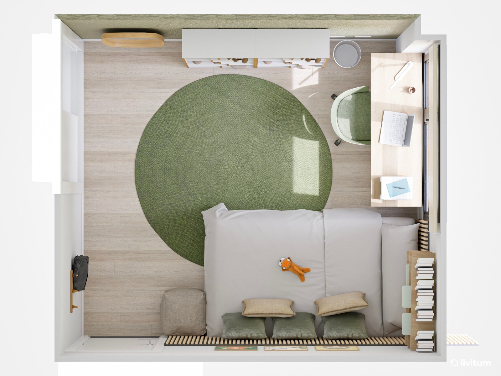 Dormitorio juvenil cómodo y fresco decorado en verde y madera