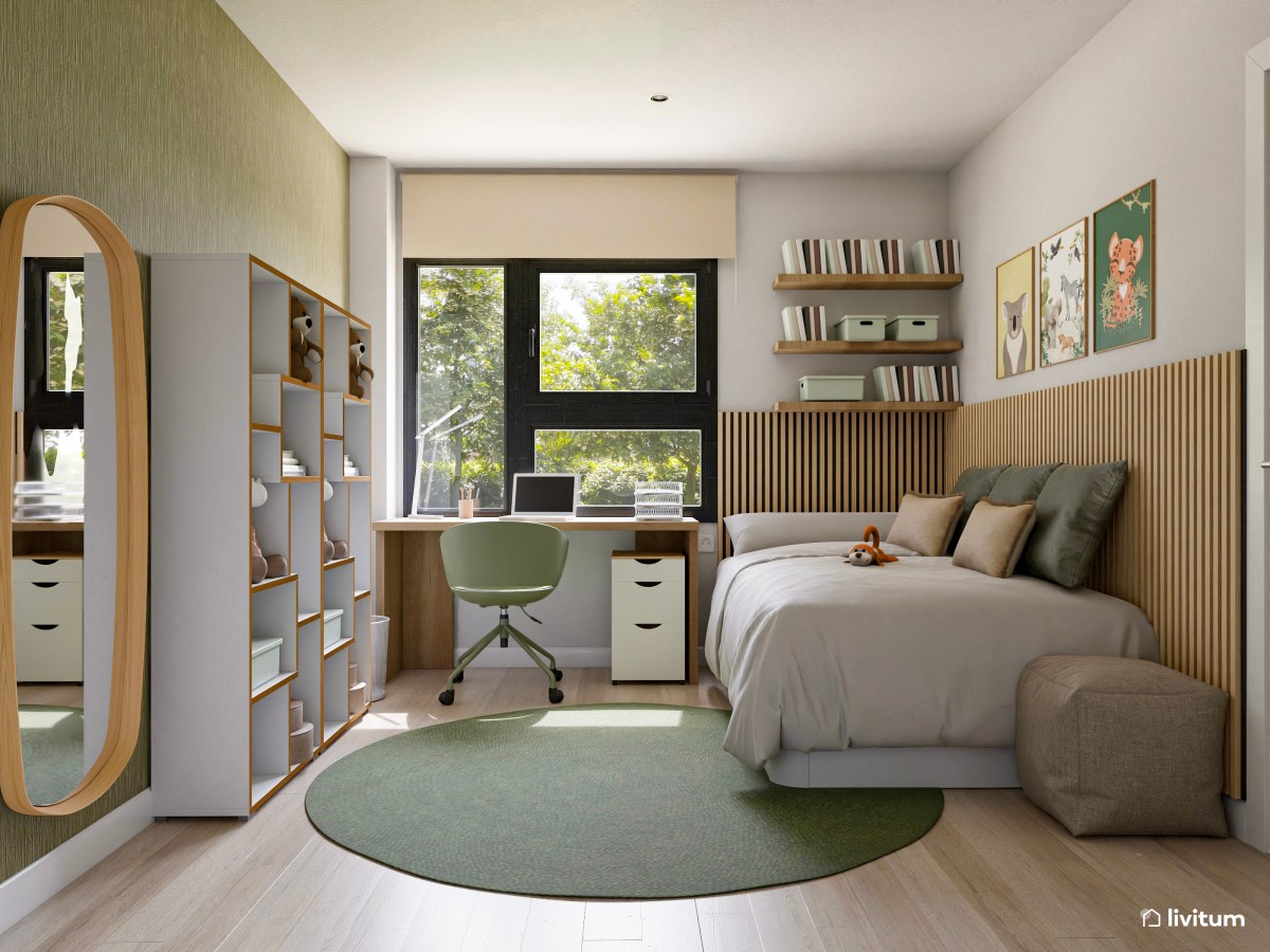 Dormitorio juvenil cómodo y fresco decorado en verde y madera