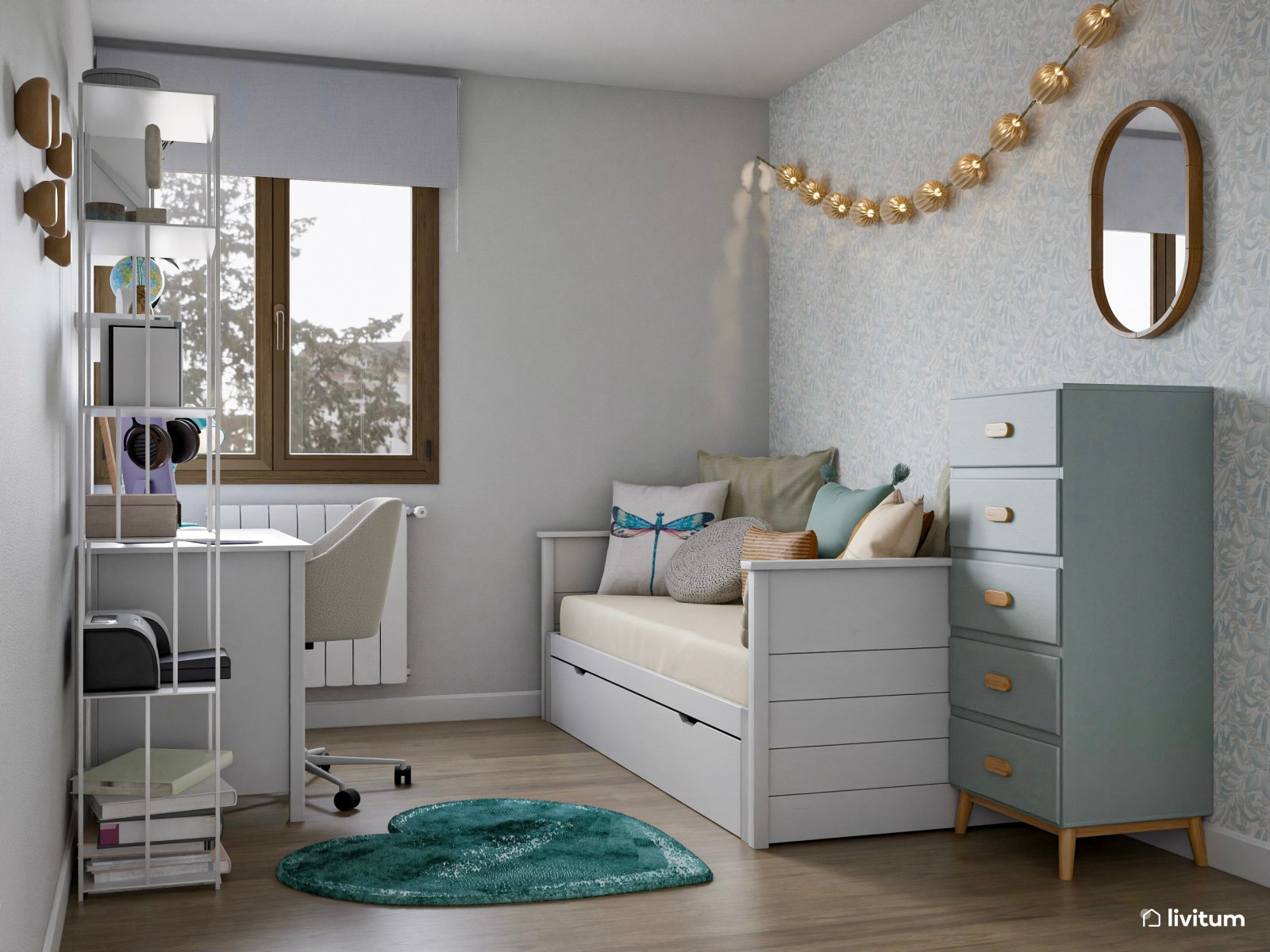 Dormitorio juvenil con cama extensible y acentos turquesa 