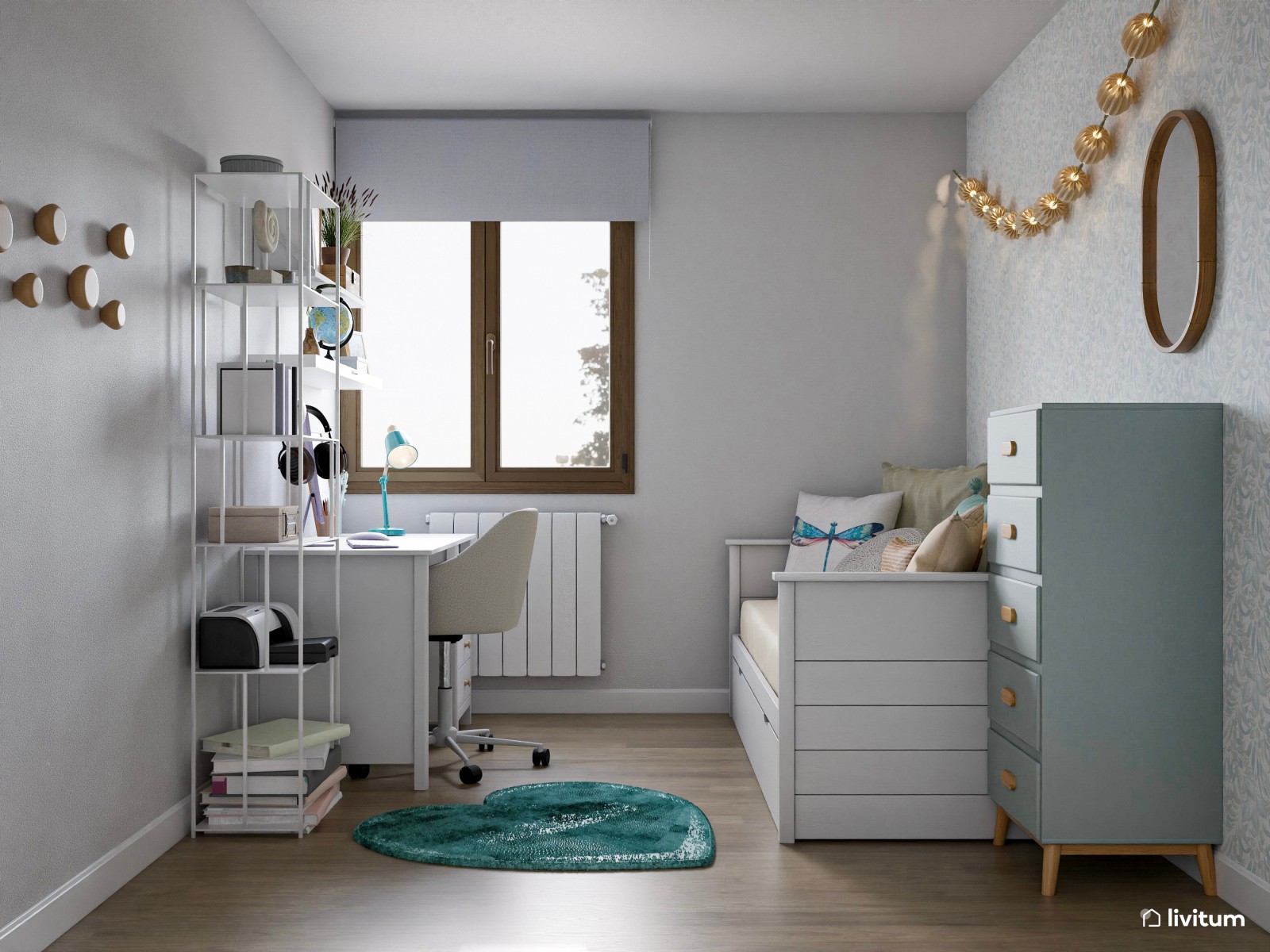 Dormitorio juvenil con cama extensible y acentos turquesa 