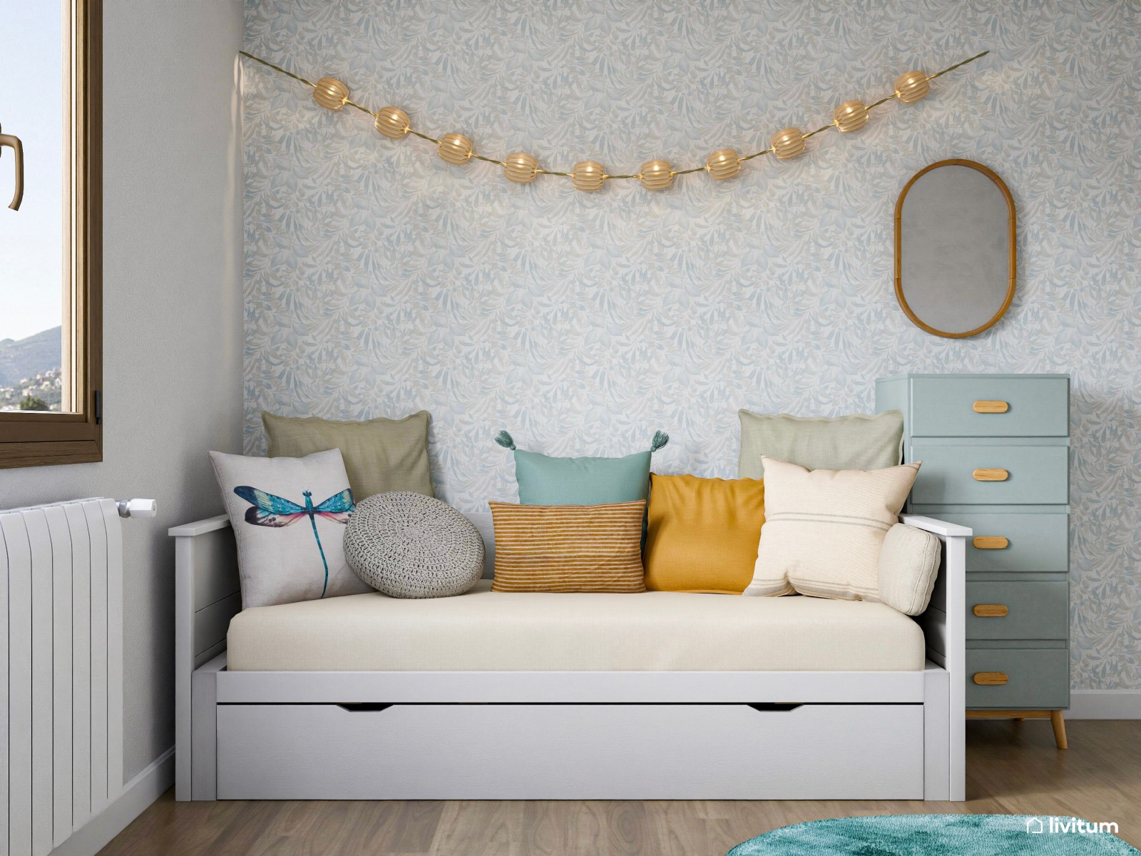 Dormitorio juvenil con cama extensible y acentos turquesa 