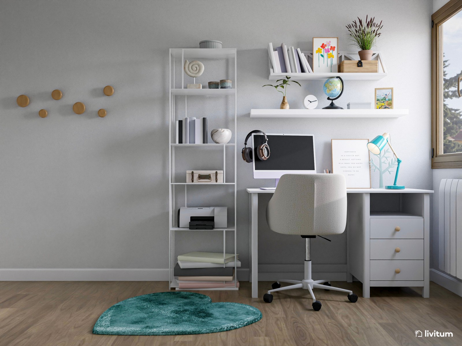 Dormitorio juvenil con cama extensible y acentos turquesa 