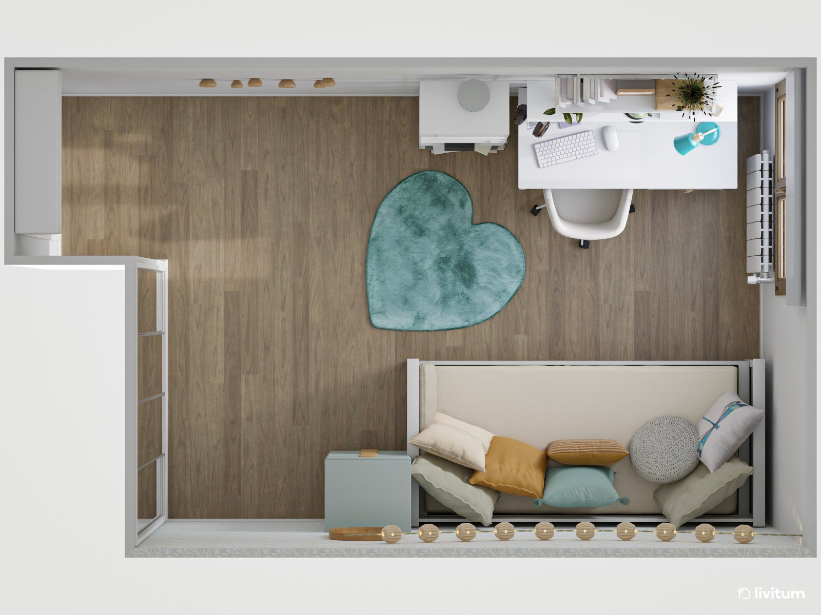 Dormitorio juvenil con cama extensible y acentos turquesa 