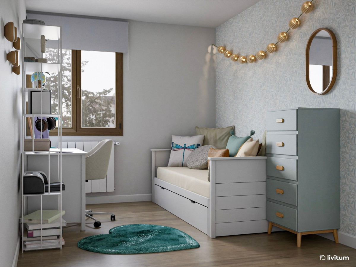 Dormitorio juvenil con cama extensible y acentos turquesa