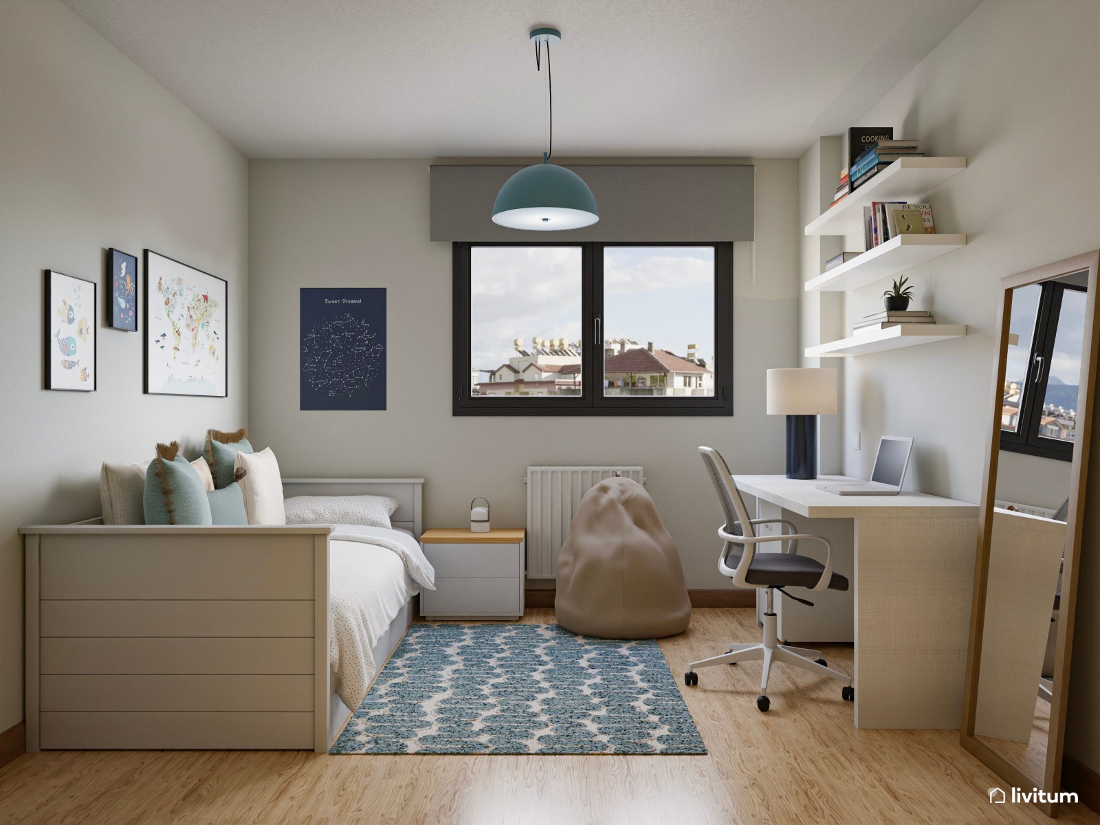 Dormitorio juvenil con detalles azules, cama nido y zona de estudio