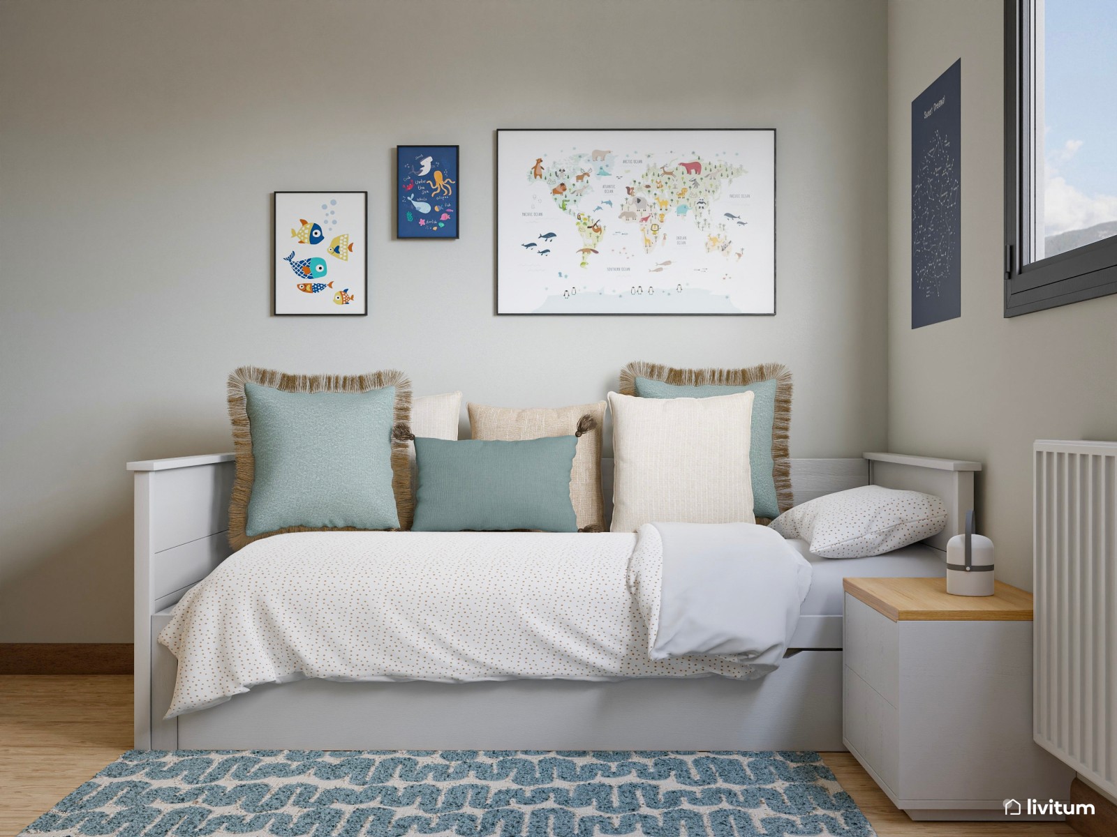 Dormitorio juvenil con detalles azules, cama nido y zona de estudio