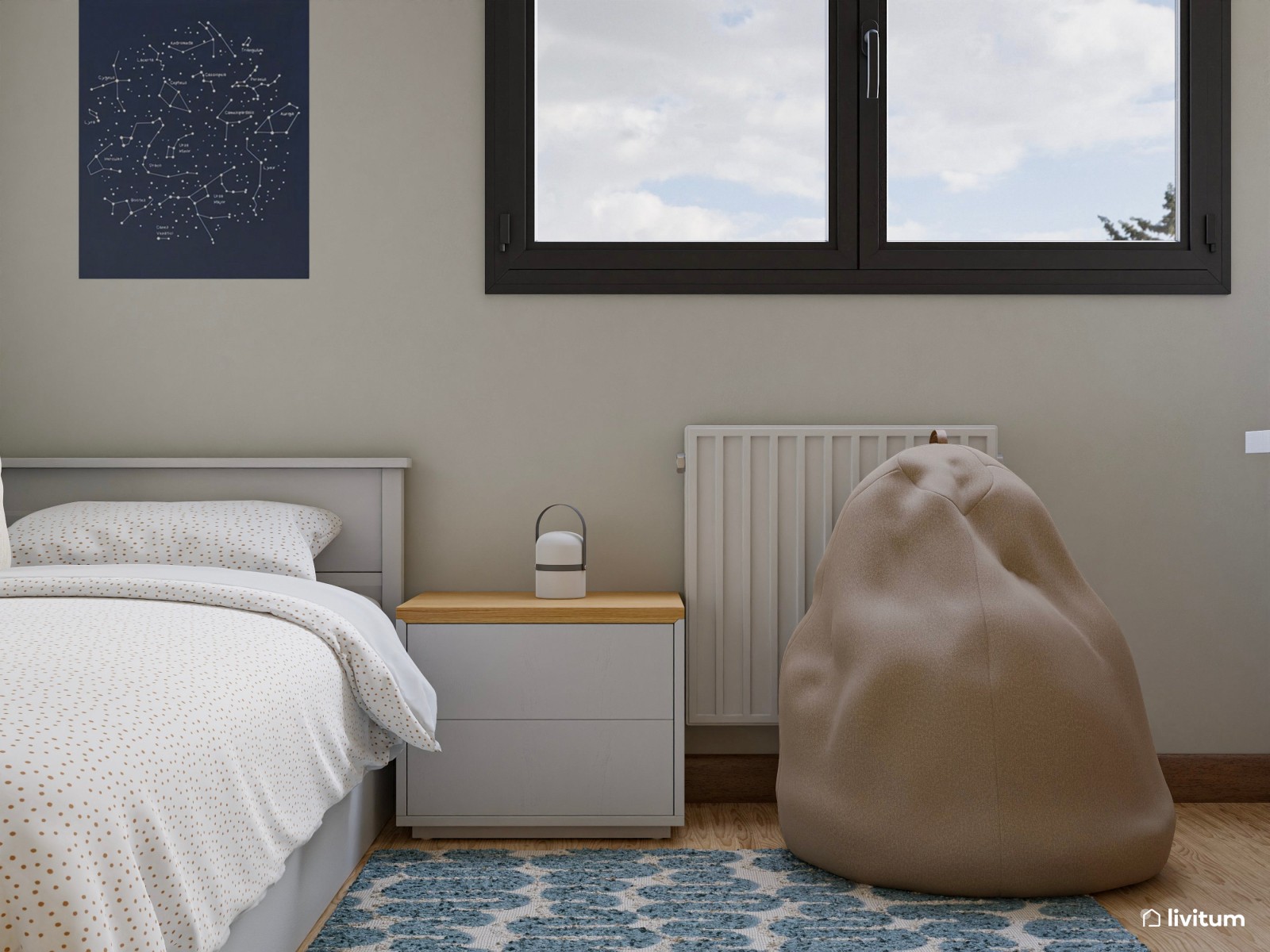 Dormitorio juvenil con detalles azules, cama nido y zona de estudio