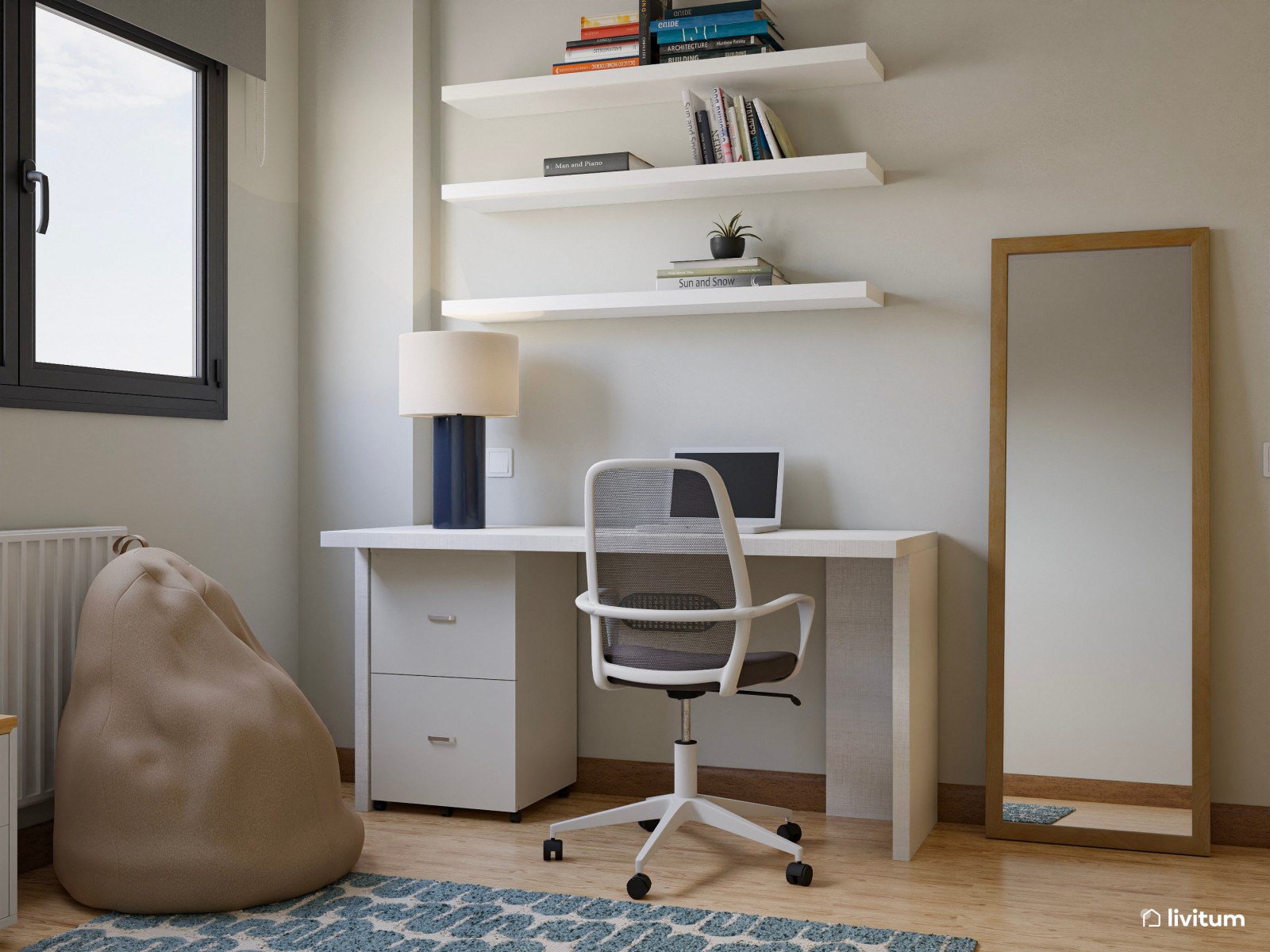 Dormitorio juvenil con detalles azules, cama nido y zona de estudio
