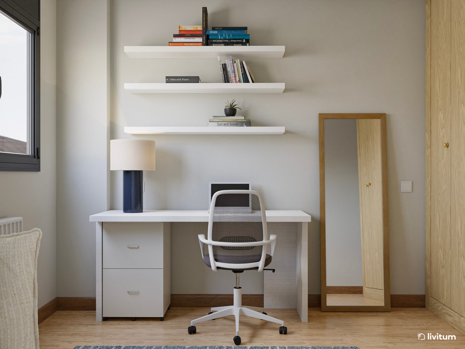 Dormitorio juvenil con detalles azules, cama nido y zona de estudio