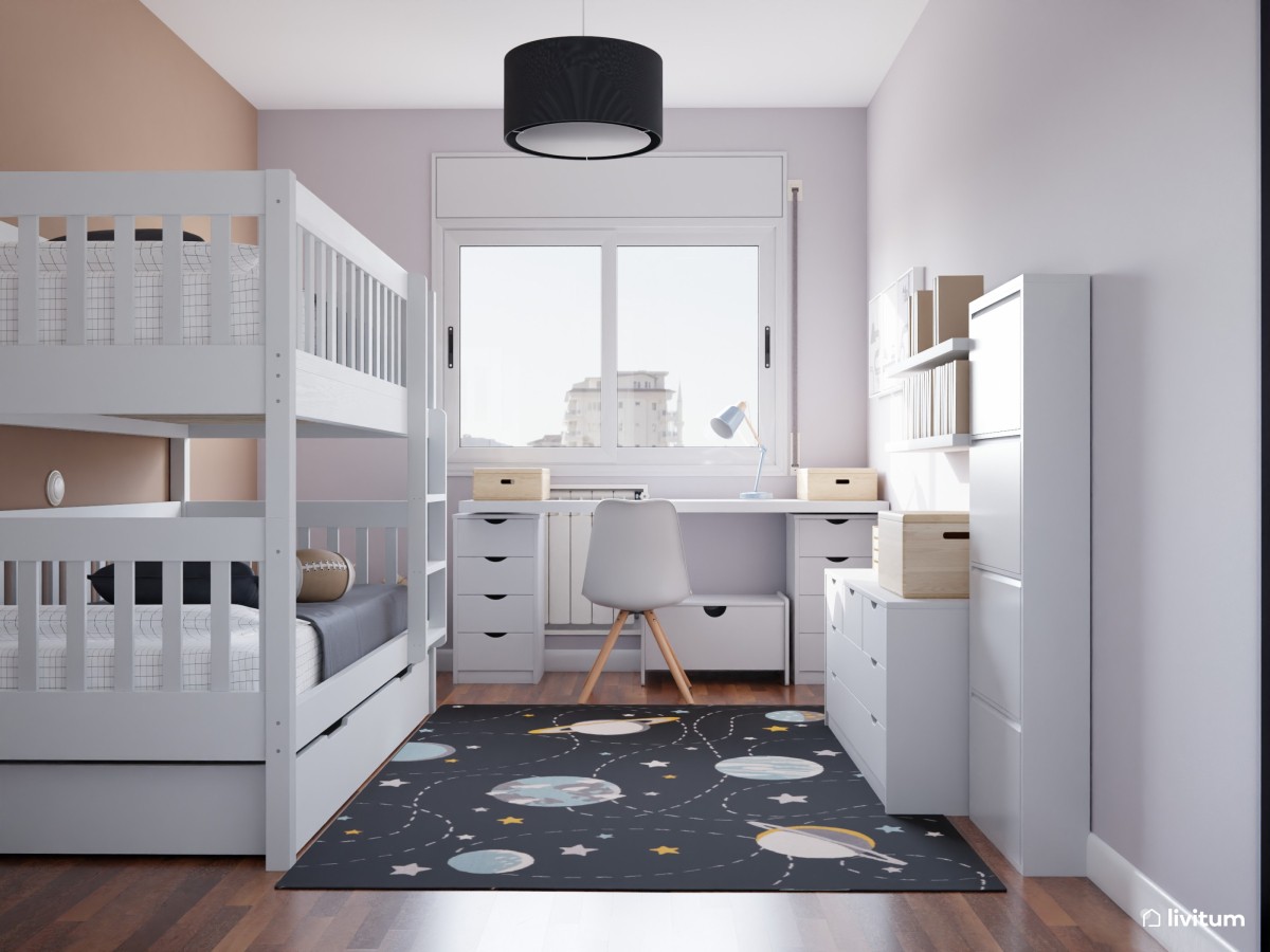 Dormitorio juvenil con litera y extra de almacenamiento