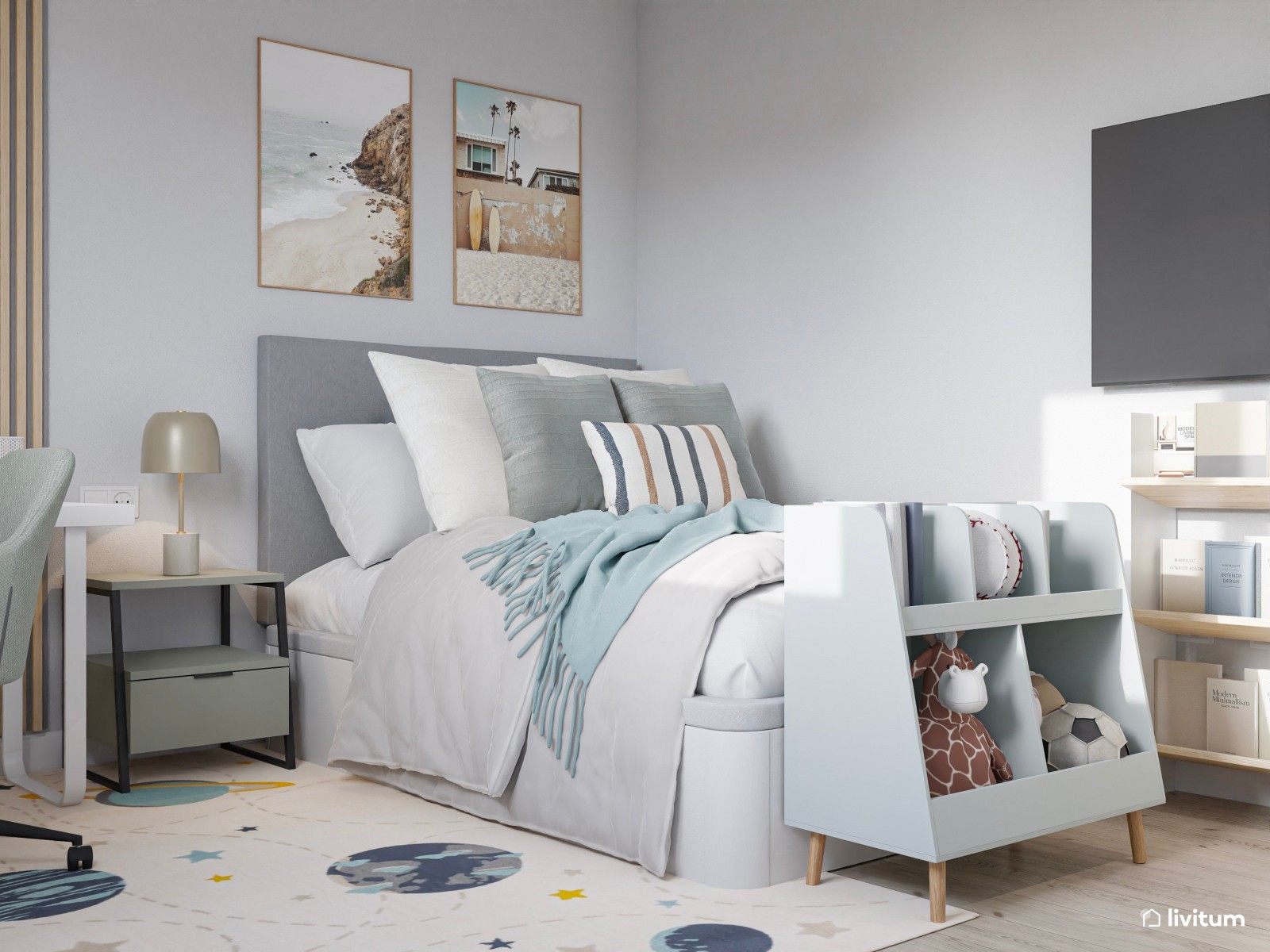 Dormitorio juvenil con zona de estudio y paneles acústicos 