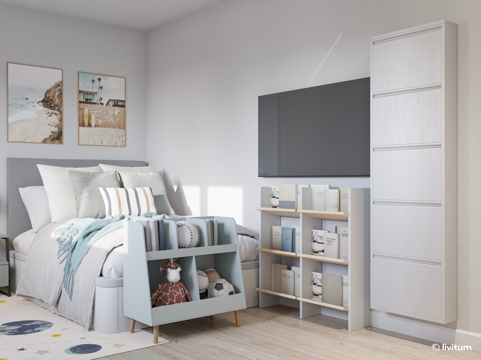 Dormitorio juvenil con zona de estudio y paneles acústicos 