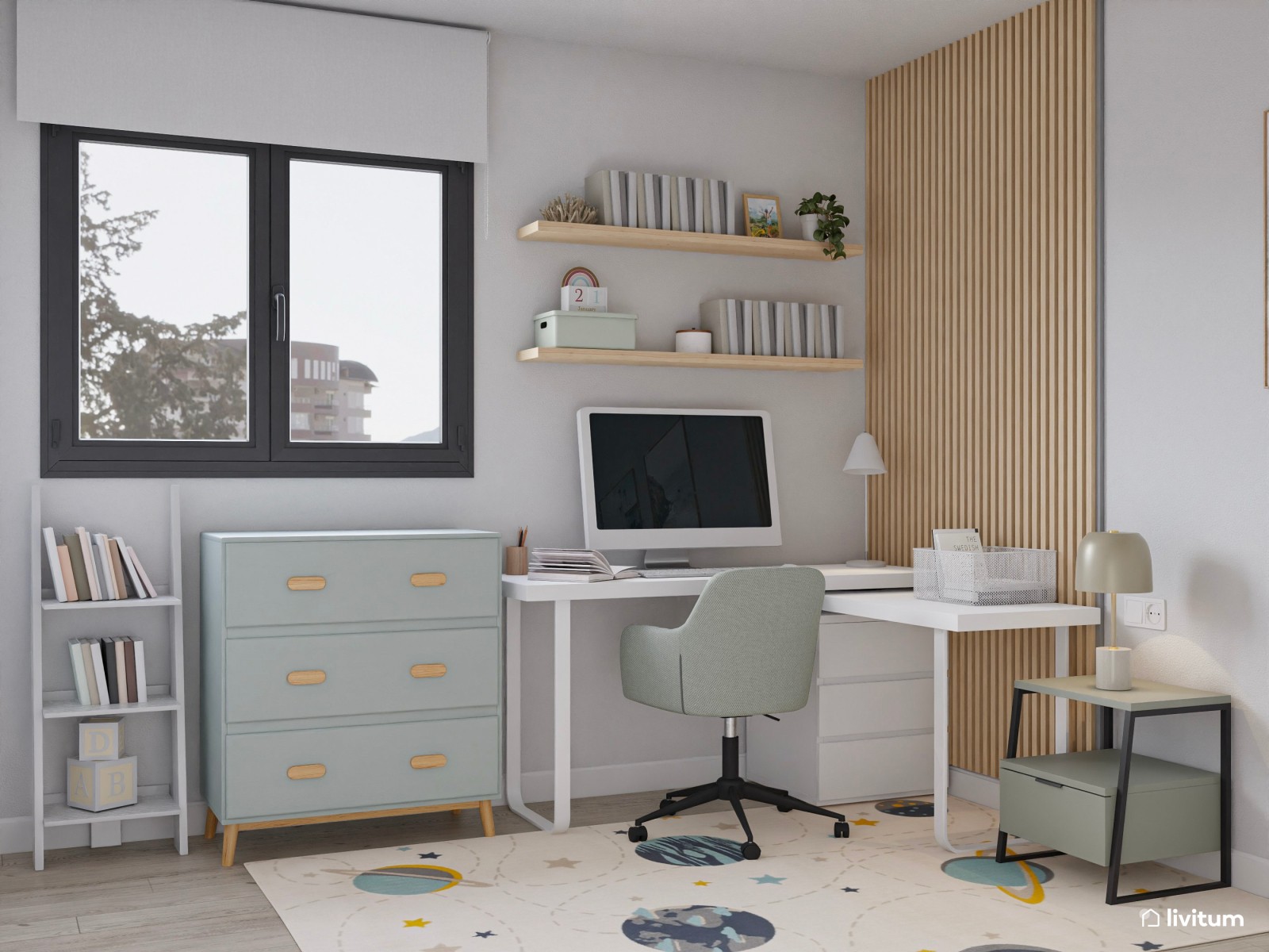 Dormitorio juvenil con zona de estudio y paneles acústicos 