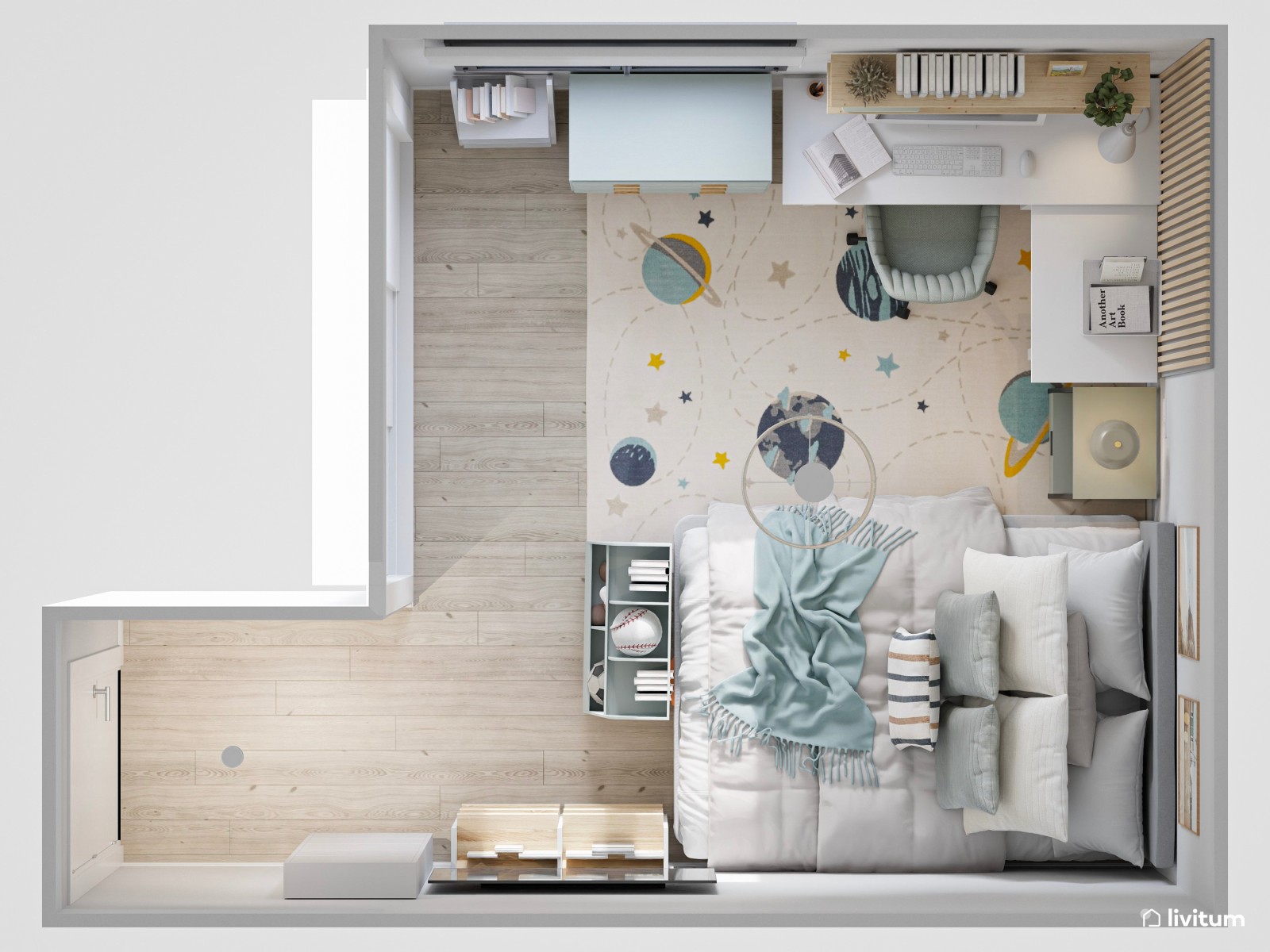 Dormitorio juvenil con zona de estudio y paneles acústicos 