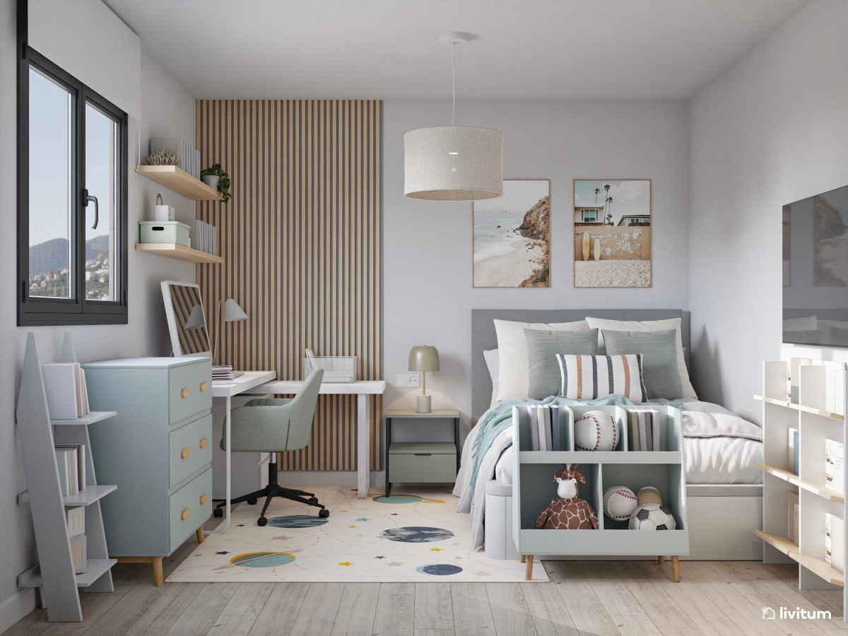 Dormitorio juvenil con zona de estudio y paneles acústicos