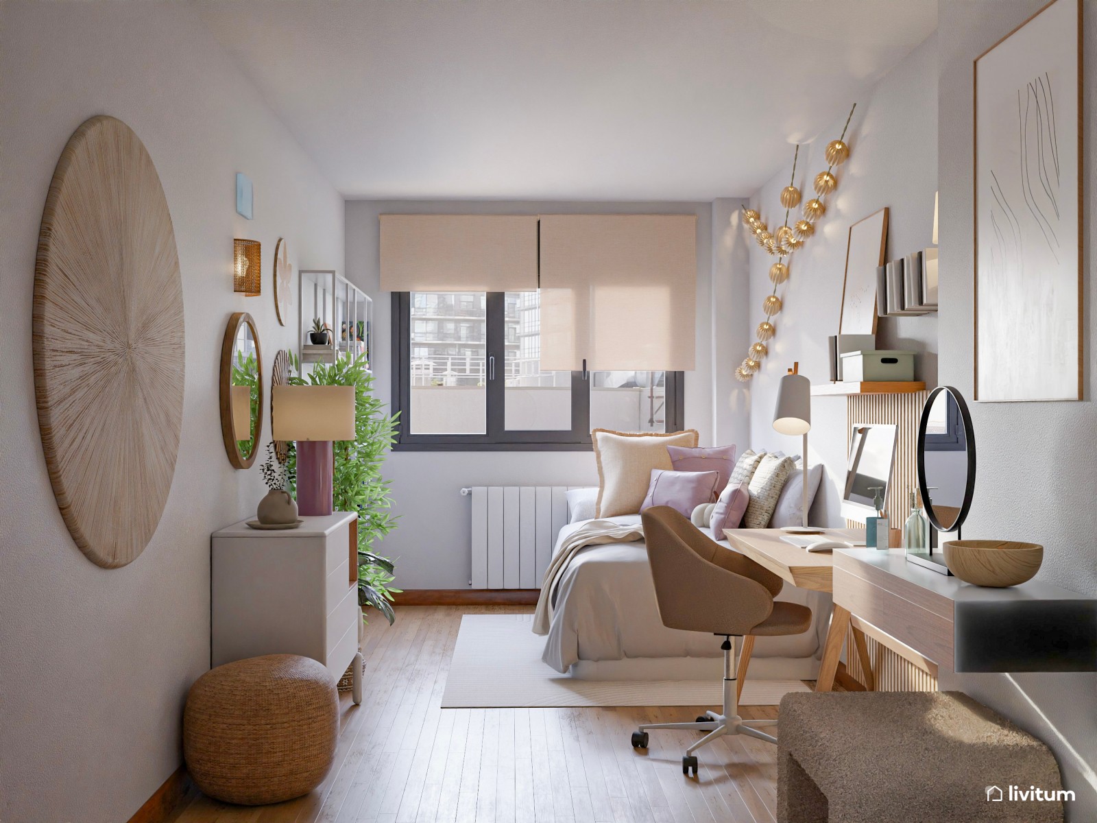 Dormitorio juvenil con zona de estudio y tocador