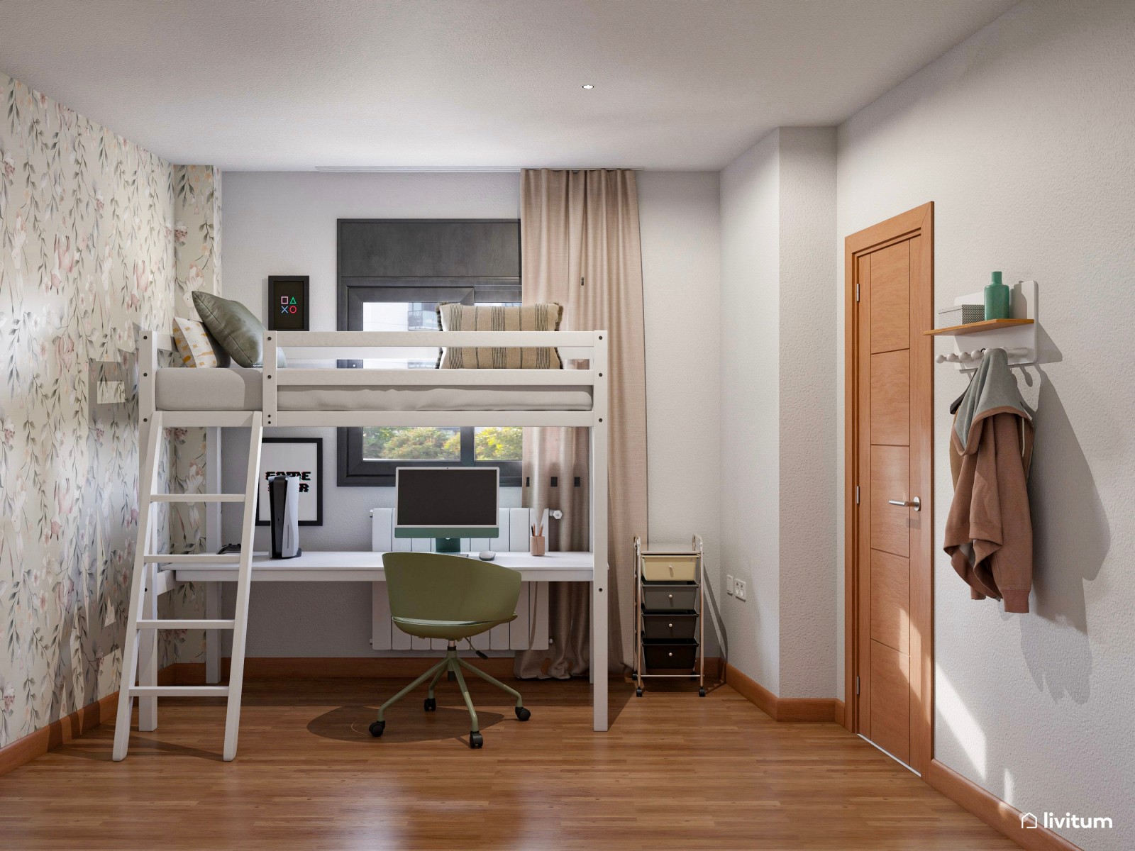 Dormitorio juvenil de 10 m² para dos personas con literas y escritorios