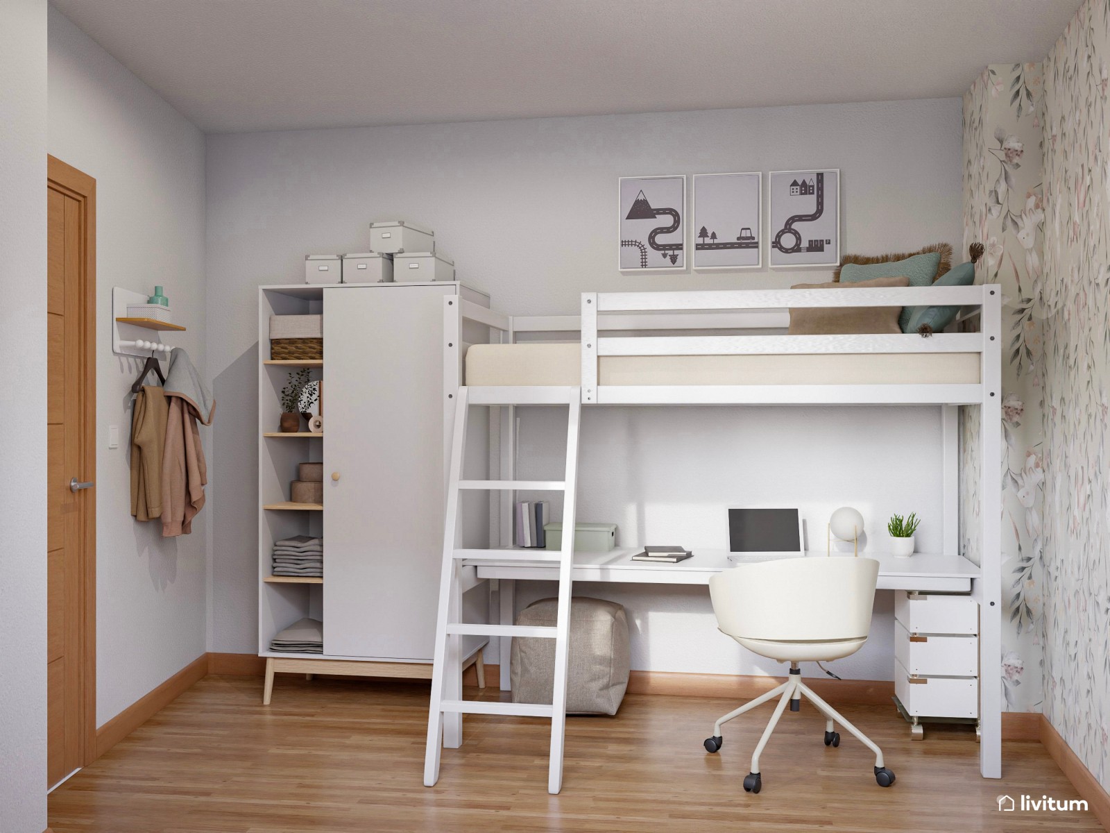 Dormitorio juvenil de 10 m² para dos personas con literas y escritorios