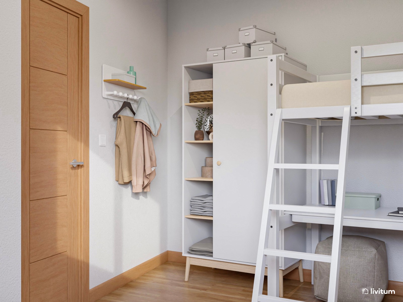 Dormitorio juvenil de 10 m² para dos personas con literas y escritorios