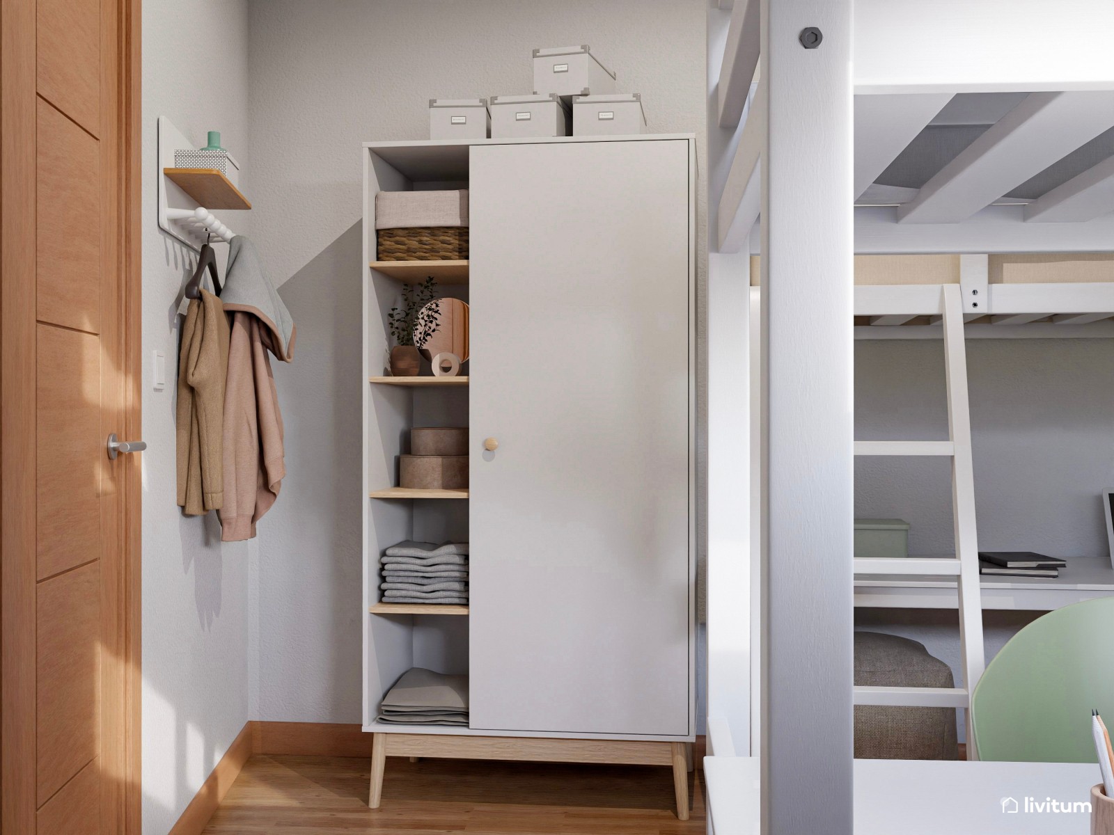 Dormitorio juvenil de 10 m² para dos personas con literas y escritorios