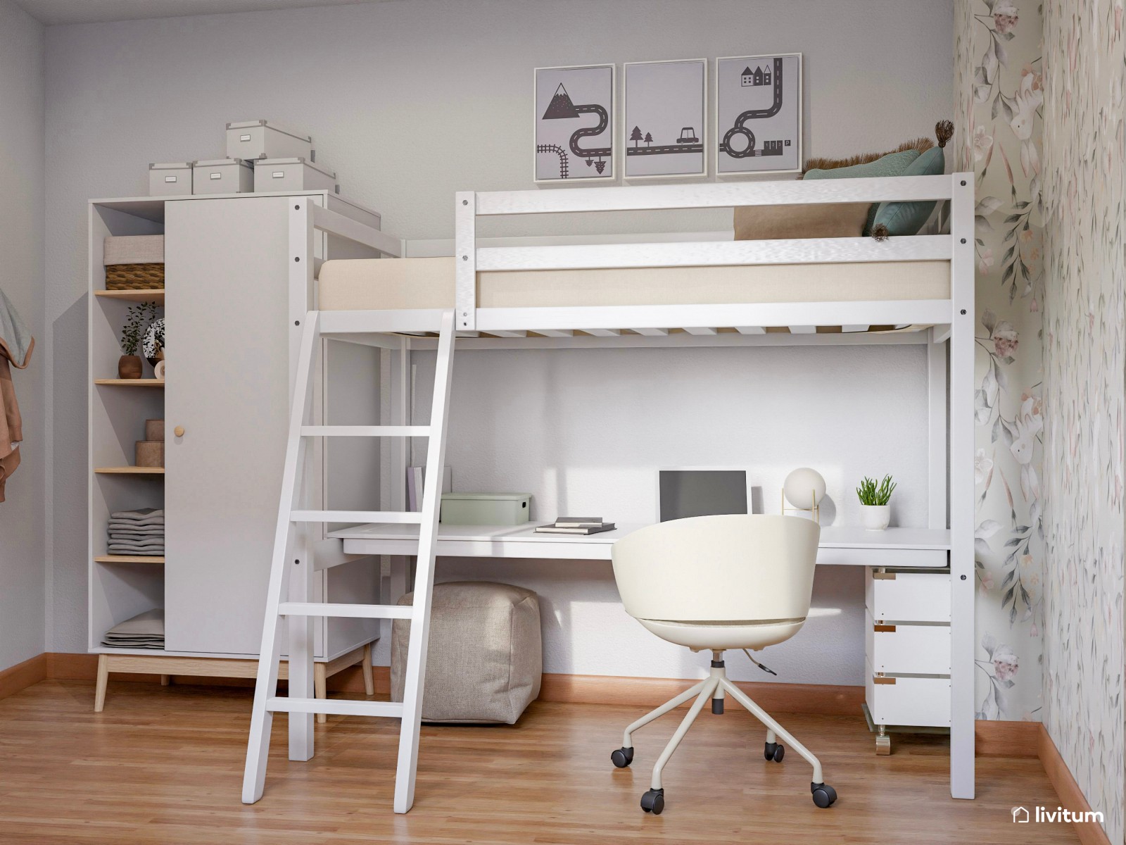 Dormitorio juvenil de 10 m² para dos personas con literas y escritorios